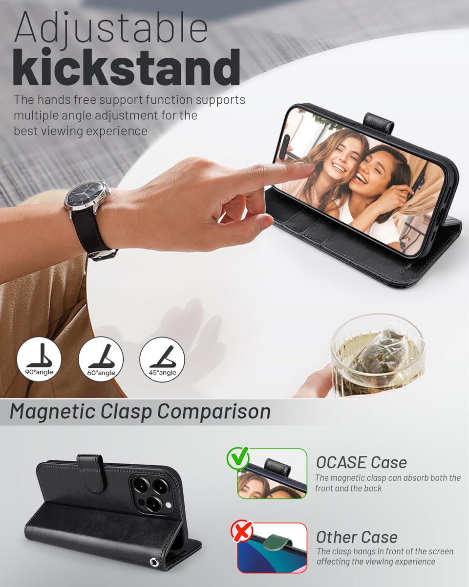 OCASE iPhone 15 Pro Max Wallet Case - PU Leather Flip Folio with Card Slots, RFID Blocking, Kickstand & Shockproof TPU Shell | Perfect for Business, Travel & Everyday Use (Black)