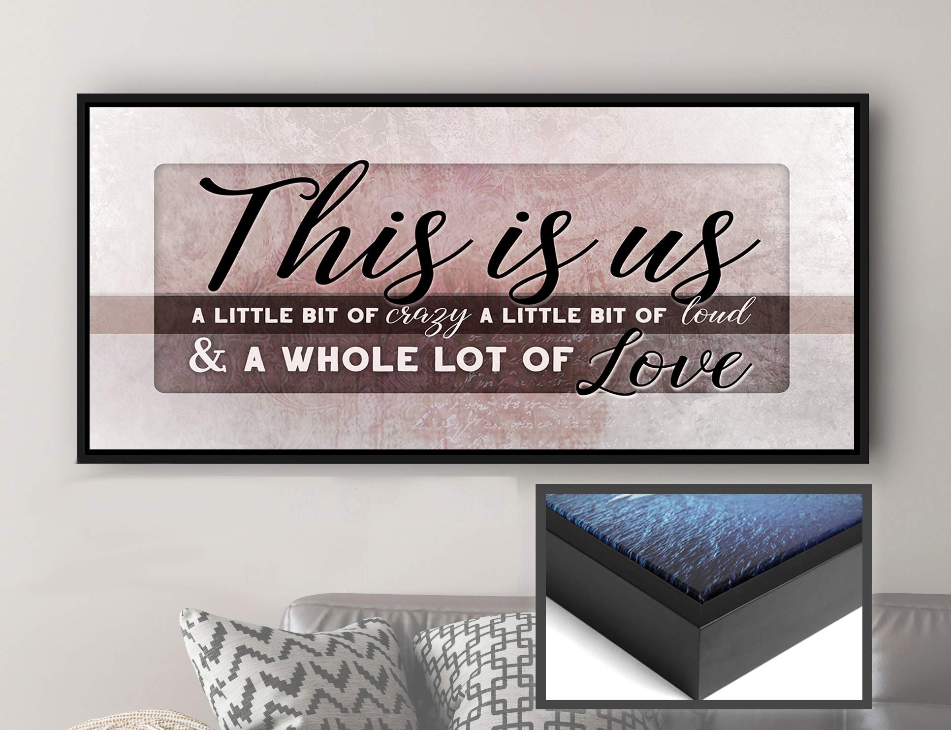 This Is Us Family Wall Art - Large Framed Canvas Painting for Farmhouse & Living Room Decor - Perfect Housewarming Gift for New Home (Pink & Black Floating Frame, 42x19 inches) - Ideal for Family Photos, Wedding Gifts & Cozy Home Decoration