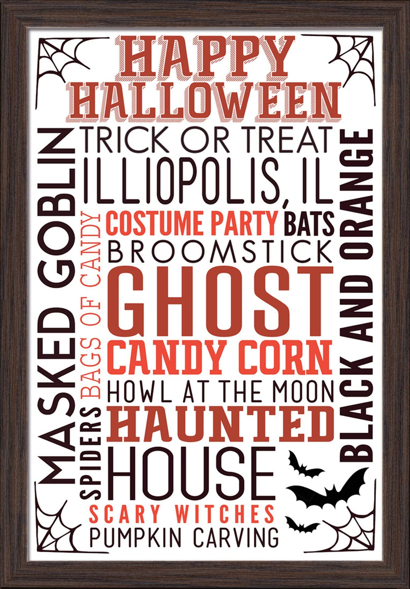 Happy Halloween Typography Art Print with Bats - 16x24 Inch Giclee Fine Art on Recycled Paper in Espresso Brown Wood Frame - Perfect for Living Room, Bedroom or Office Halloween Decor