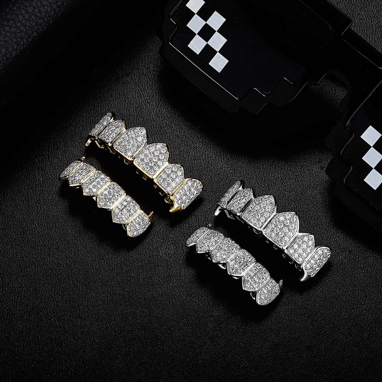 18K Gold Plated Iced Out CZ Grillz Set - Top & Bottom Fang Teeth Grillz for Men & Women | Hip Hop Jewelry, Rap Style Accessory for Parties & Performances