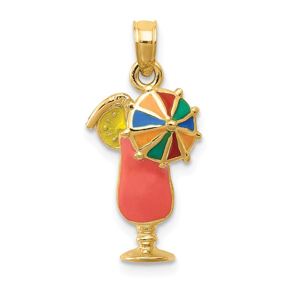 Roy Rose Jewelry 14K Yellow Gold Pink Enameled Tropical Drink Pendant Necklace - Perfect for Beach Vacations, Summer Parties & Tropical Themed Gifts