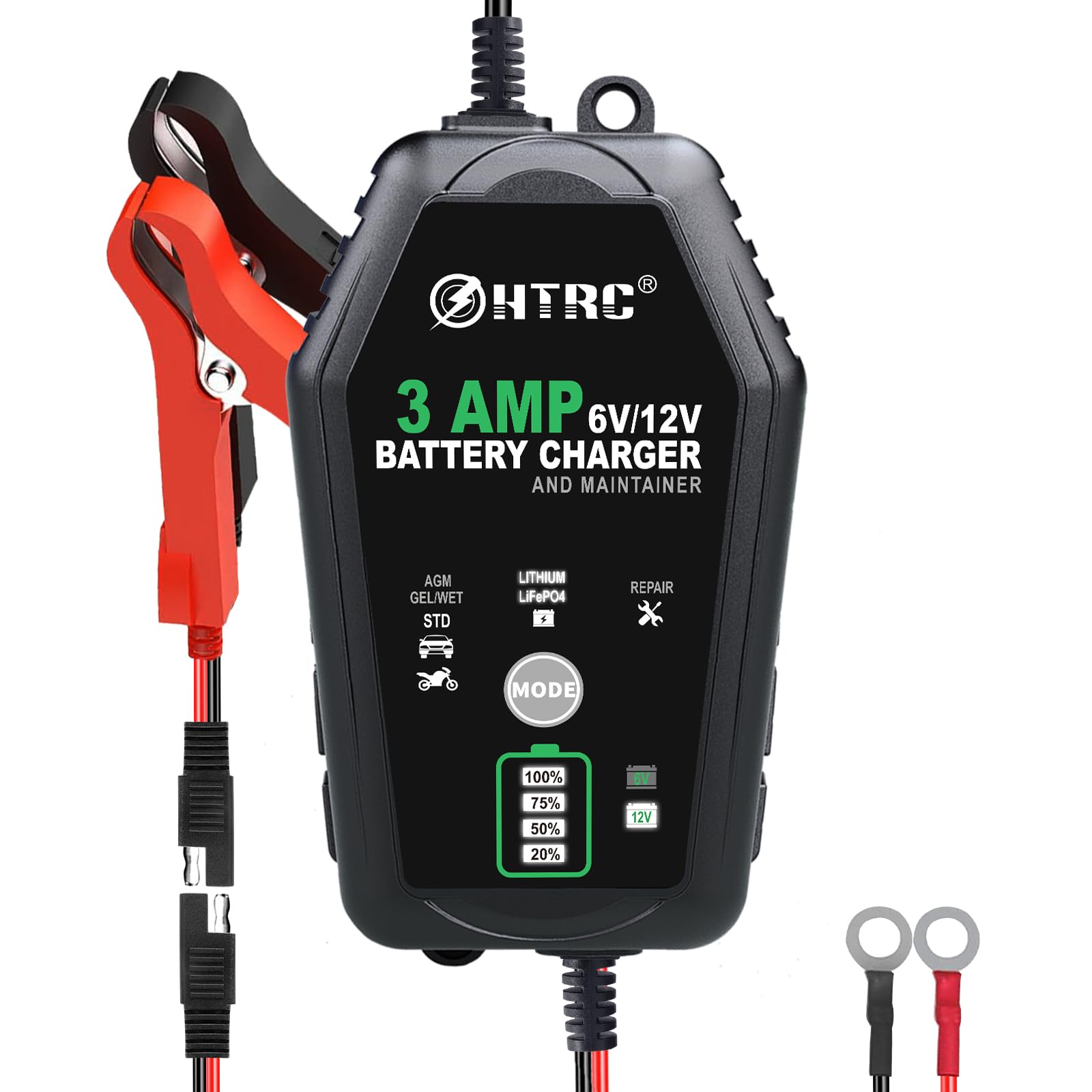 3-Amp Smart Car Battery Charger & Maintainer - 6V/12V Fully Automatic Trickle Charger with Desulfator for Lead Acid, Lithium & LiFePO4 Batteries - Ideal for Cars, Motorcycles, Boats & RV Battery Maintenance