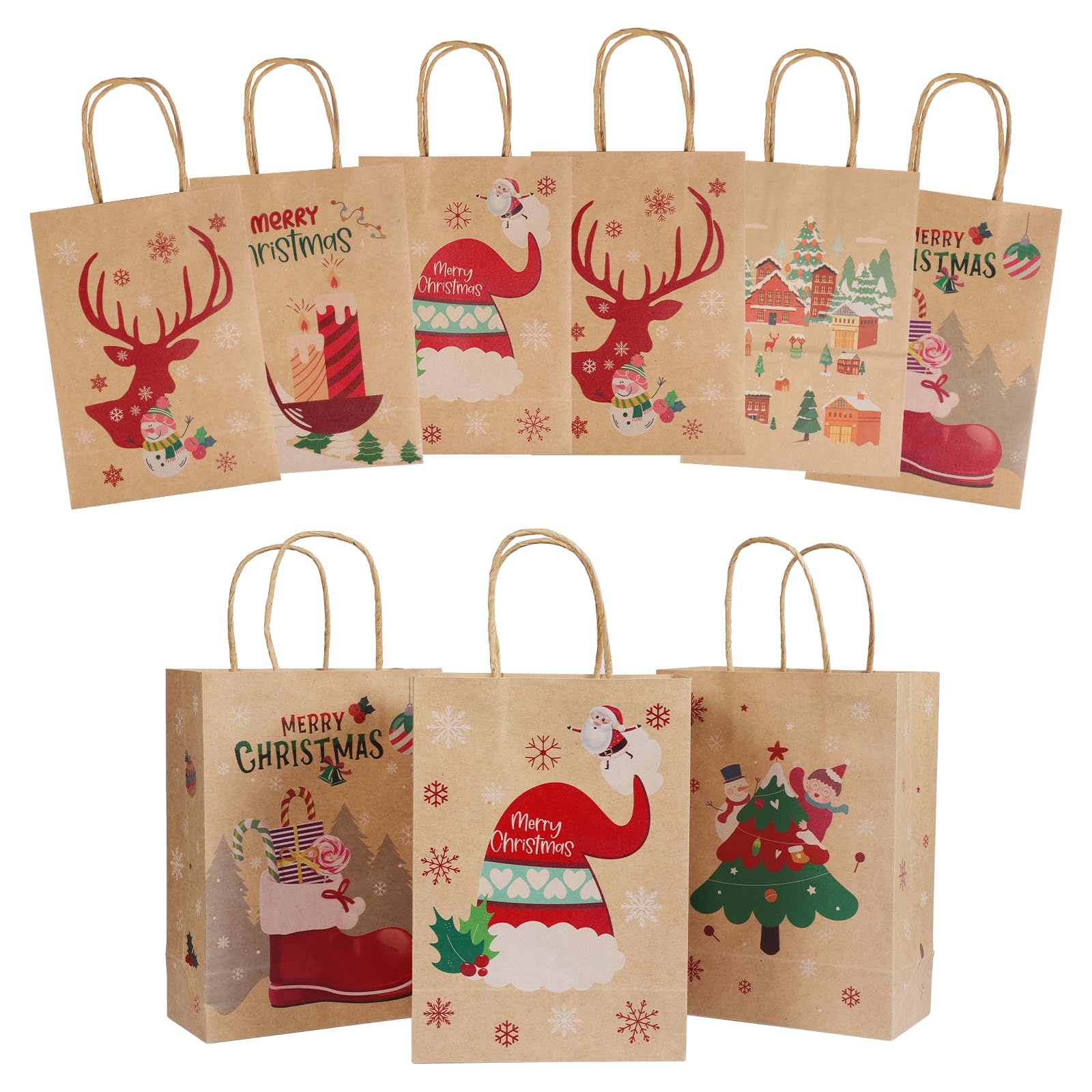 24 Pack Christmas Gift Bags - 6 Festive Designs Kraft Paper Gift Bags with Handles (8.26x5.90x3.14 Inches) - Reusable Holiday Present Bags for Xmas, Birthday, Party Favors & Gift Wrapping