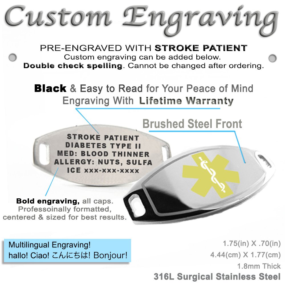 Custom Engraved Stroke Patient Medical Alert Bracelet - Yellow - Emergency ID for Stroke Survivors & Caregivers (Hospital, Travel, Daily Wear)
