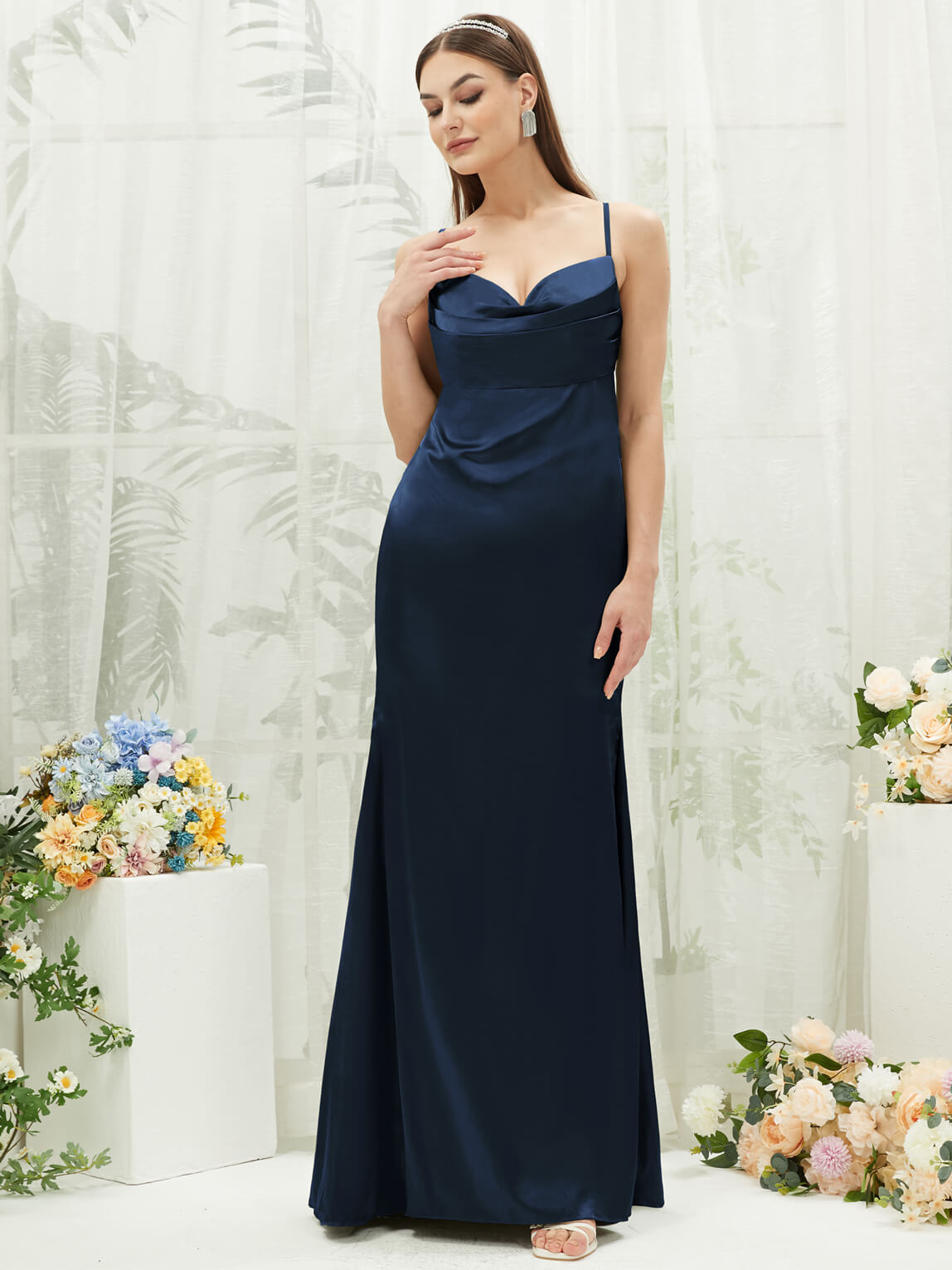 Elegant Dark Navy Satin Cowl Neck Backless Long Bridesmaid Dress with Adjustable Straps - Perfect for Weddings, Formal Events & Evening Parties