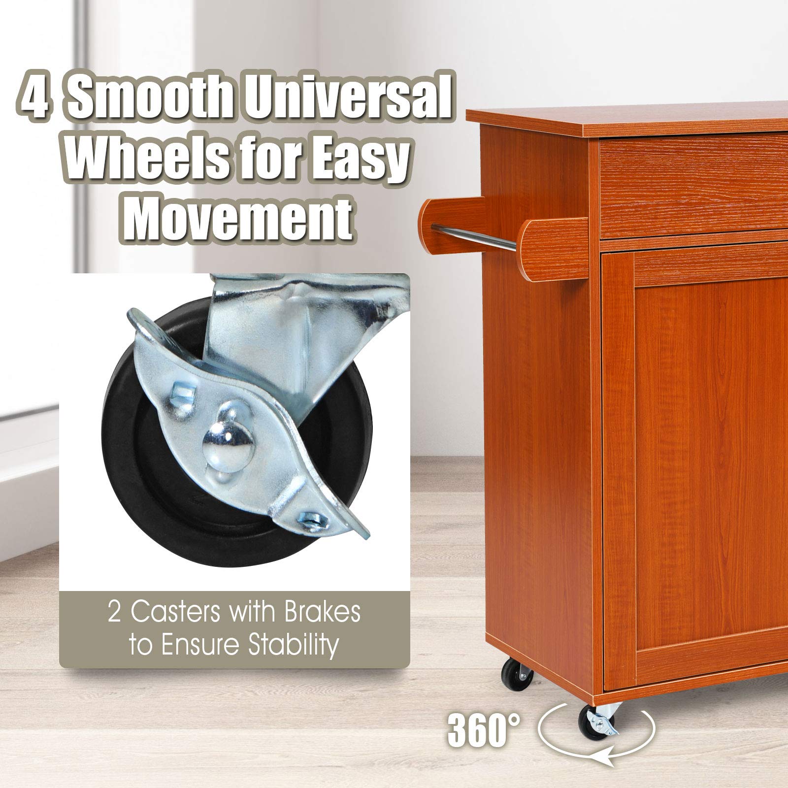 Giantex Rolling Kitchen Island Cart with Spice Rack, Towel Holder, Large Drawer & 2-Door Cabinet - Lockable Wheels, Wooden Trolley with Spacious Tabletop (Cherry) - Perfect for Small Kitchens, Food Prep, Storage & Serving