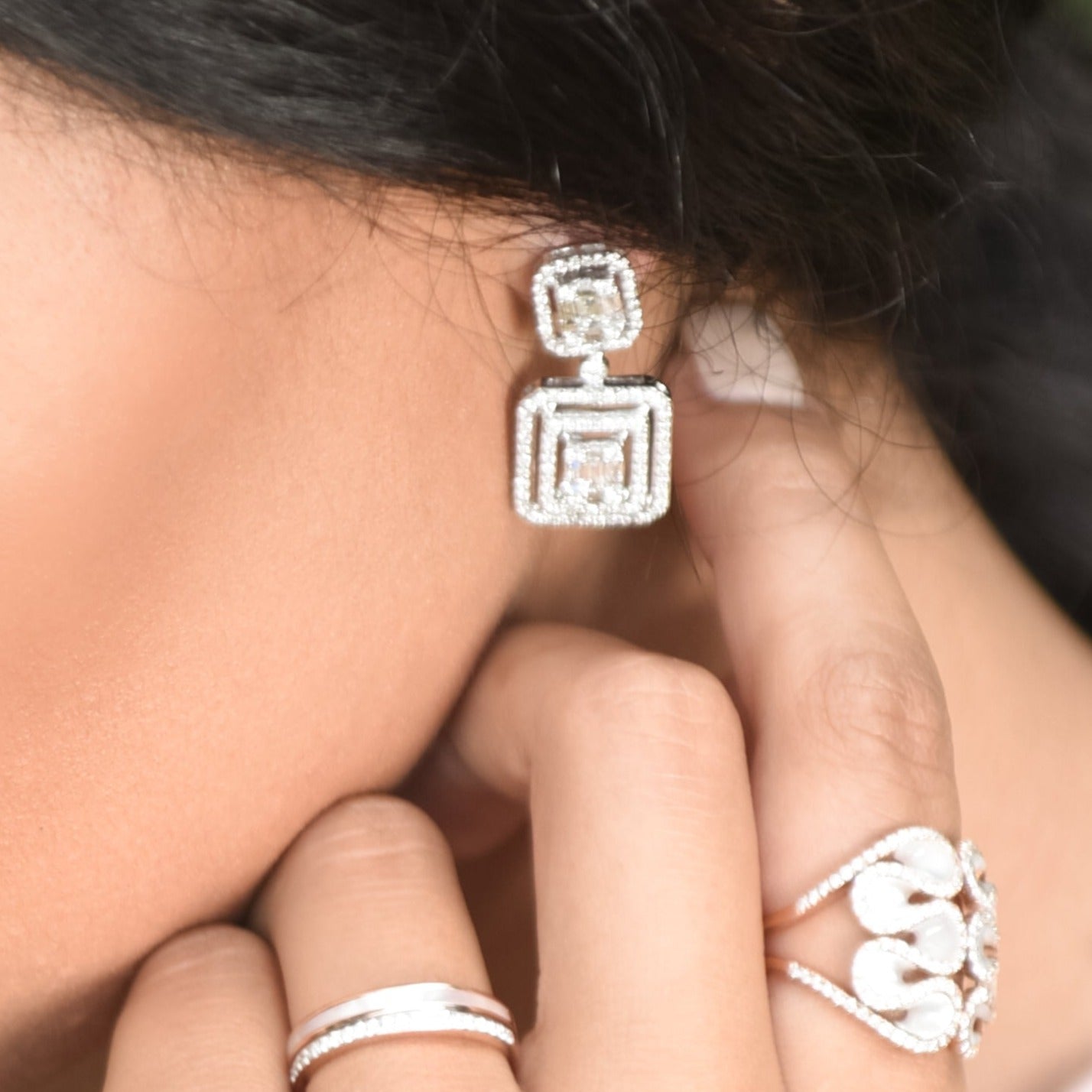 18K White Gold Double Baguette Diamond Halo Drop Earrings - Elegant Dangle Earrings for Weddings, Parties & Special Occasions