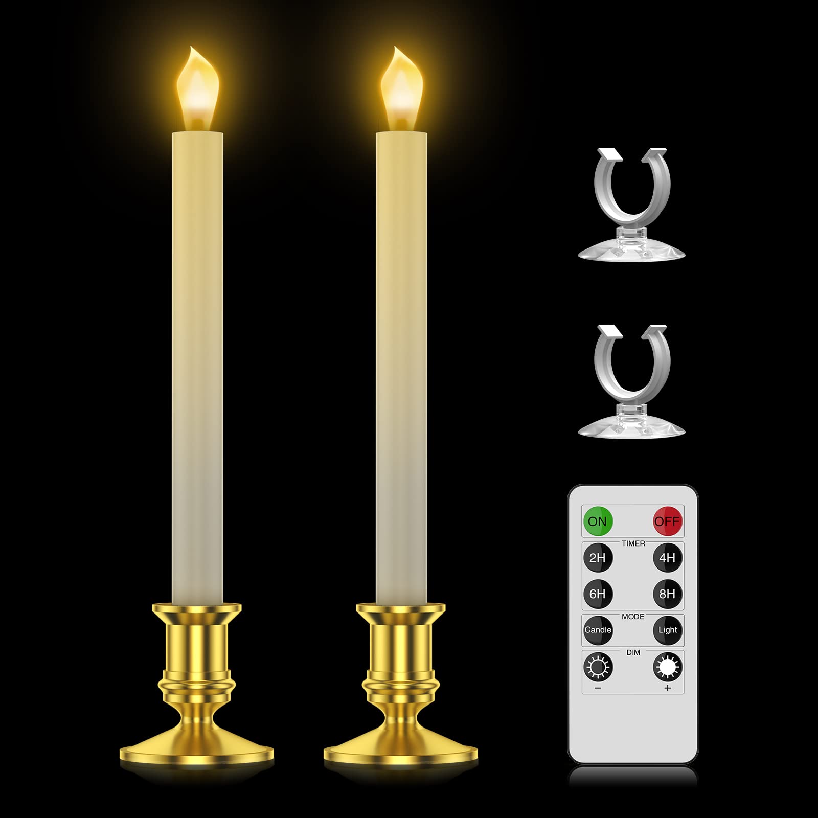 RONXS LED Window Candles with Timer - Flameless Battery Operated Flickering Candles for Christmas Decor (2 Gold) - Perfect for Outdoor Holiday Lighting