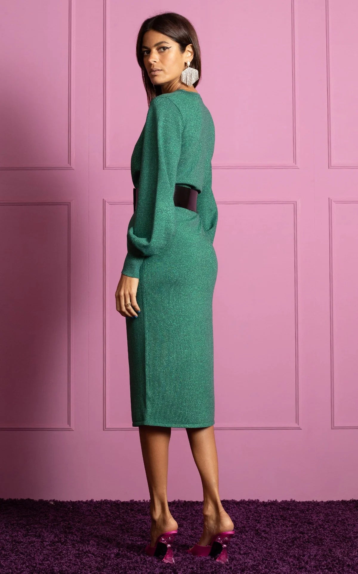 Memphis Metallic Knit Midi Dress for Women - Elegant Green Bodycon Dress for Party, Date Night & Special Occasions
