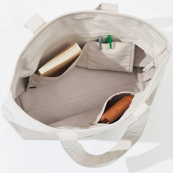 Kurashiki Hampu Canvas Zipper Tote Bag - Grayish White Japanese Style Tote for Work, Travel & Shopping | Durable Cotton Shoulder Bag