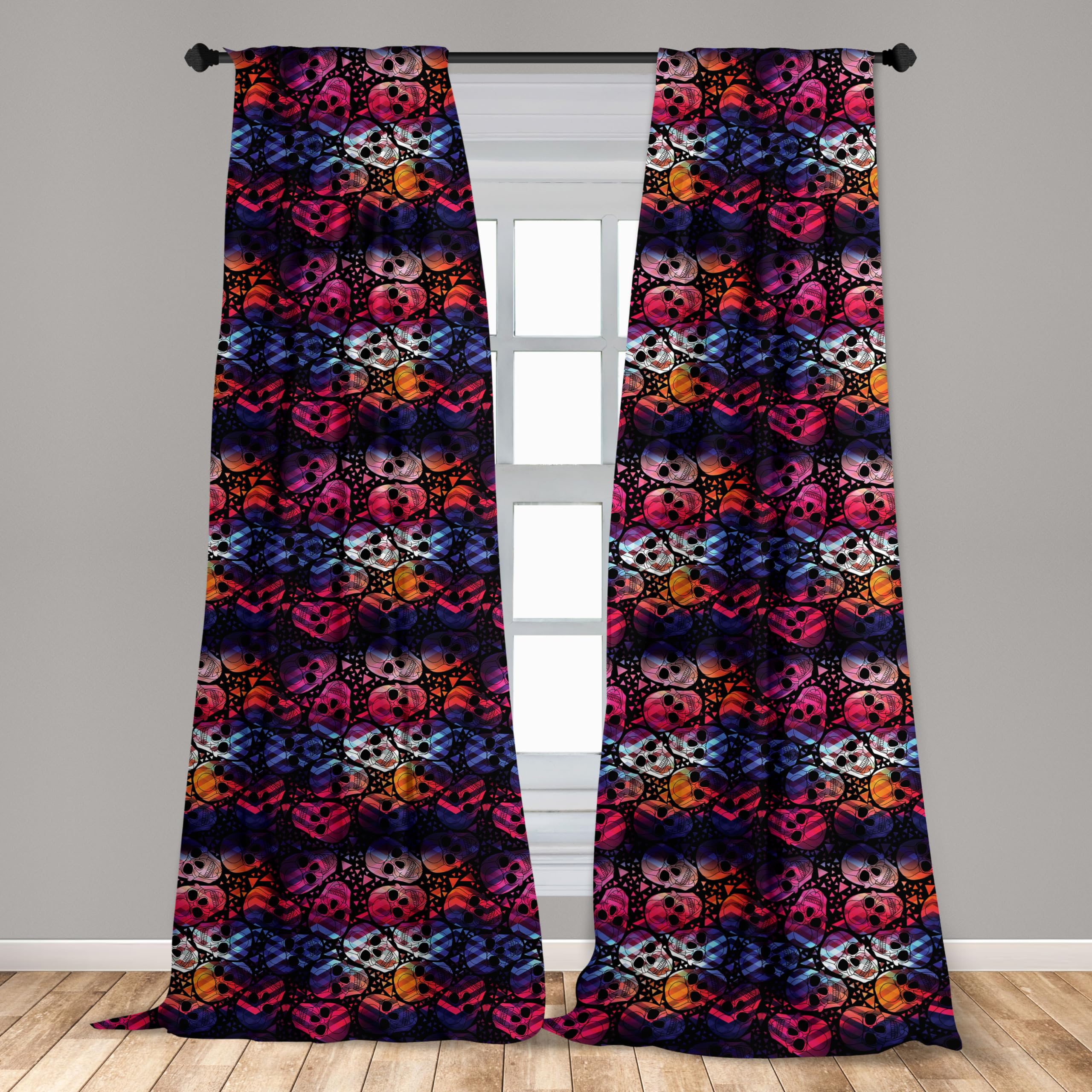 Ambesonne Halloween Window Curtains - Mexican Sugar Skulls Geometric Print, Lightweight Polyester Decor for Dia de los Muertos, 2-Panel Set with Rod Pocket (28