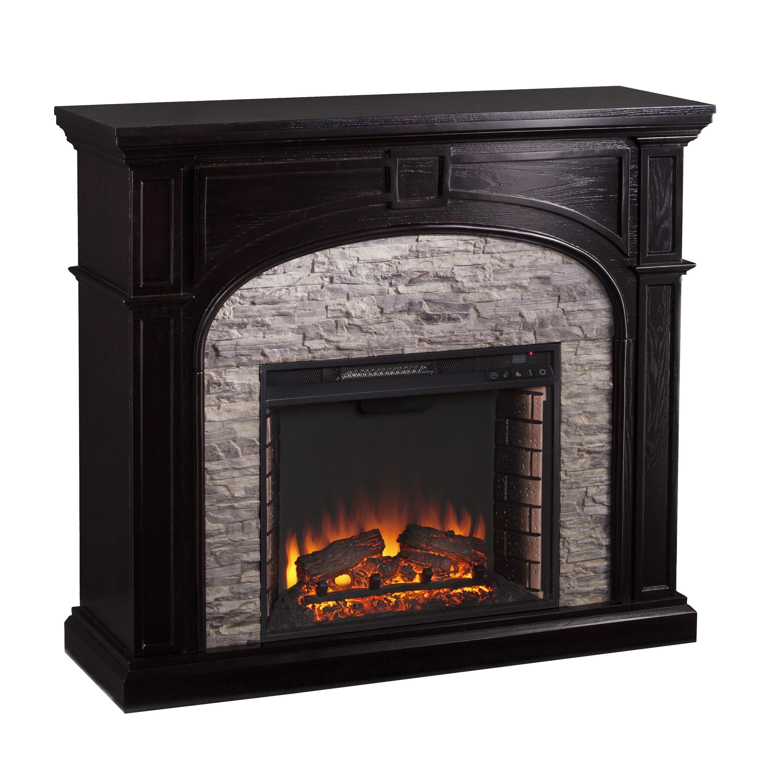 Tanaya Electric Fireplace with Realistic Flame - Ebony Finish & Gray Stacked Stone Design - Perfect for Living Room, Bedroom, or Office Heating & Ambiance