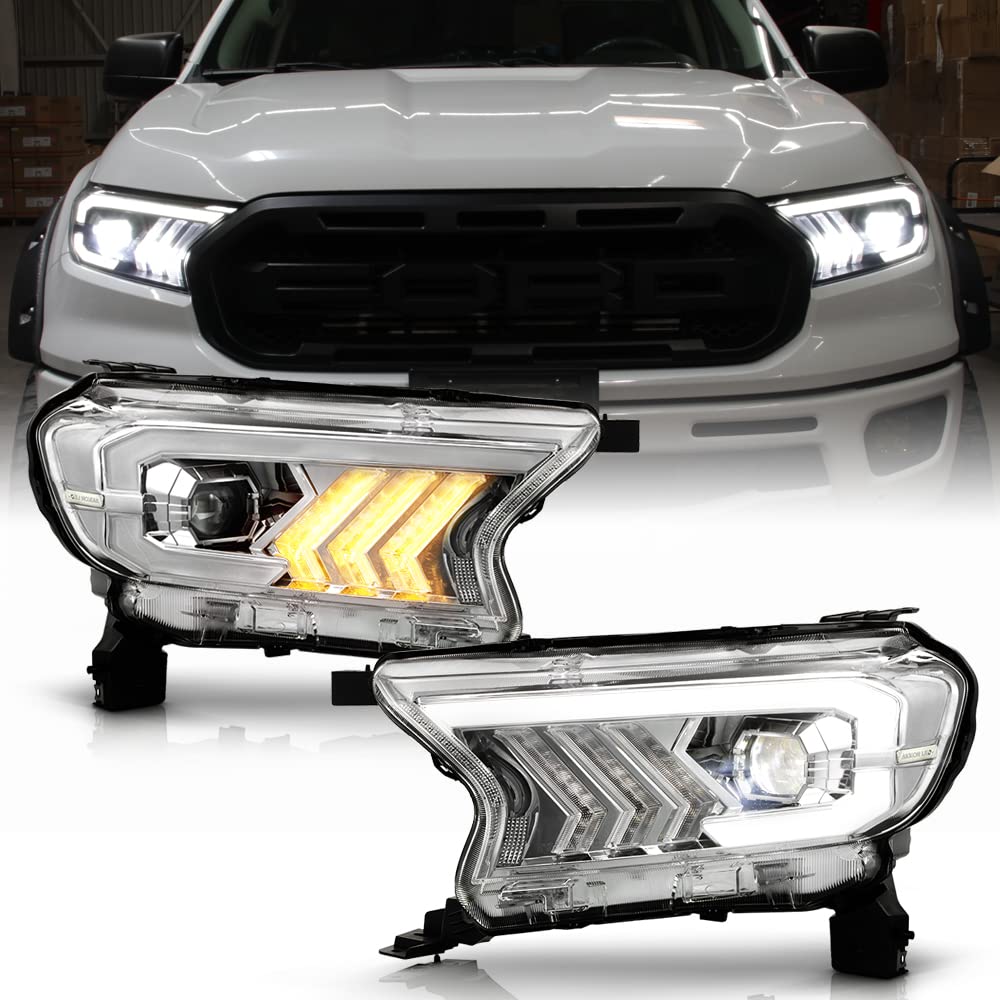 ACANII LED Projector Headlights for 2019-2022 Ford Ranger XL XLT - Chrome Sequential Turn Signal Tube - Full LED Headlamp Pair - Upgrade Your Truck's Style & Night Visibility for Off-Roading & Daily Driving