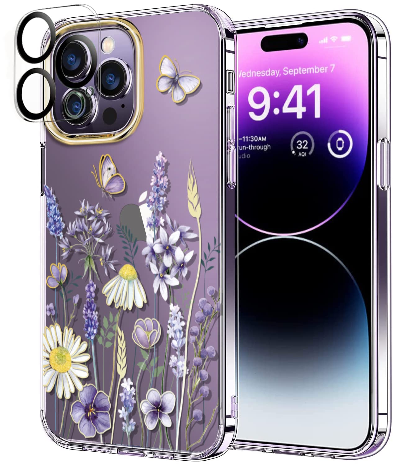 Luolnh iPhone 14 Pro Max Case with Floral Design - Shockproof Clear Hard Back Cover for Women (6.7 inch 2022 Model, Blue Purple Wildflower) - Perfect for Everyday Protection & Stylish Accessory