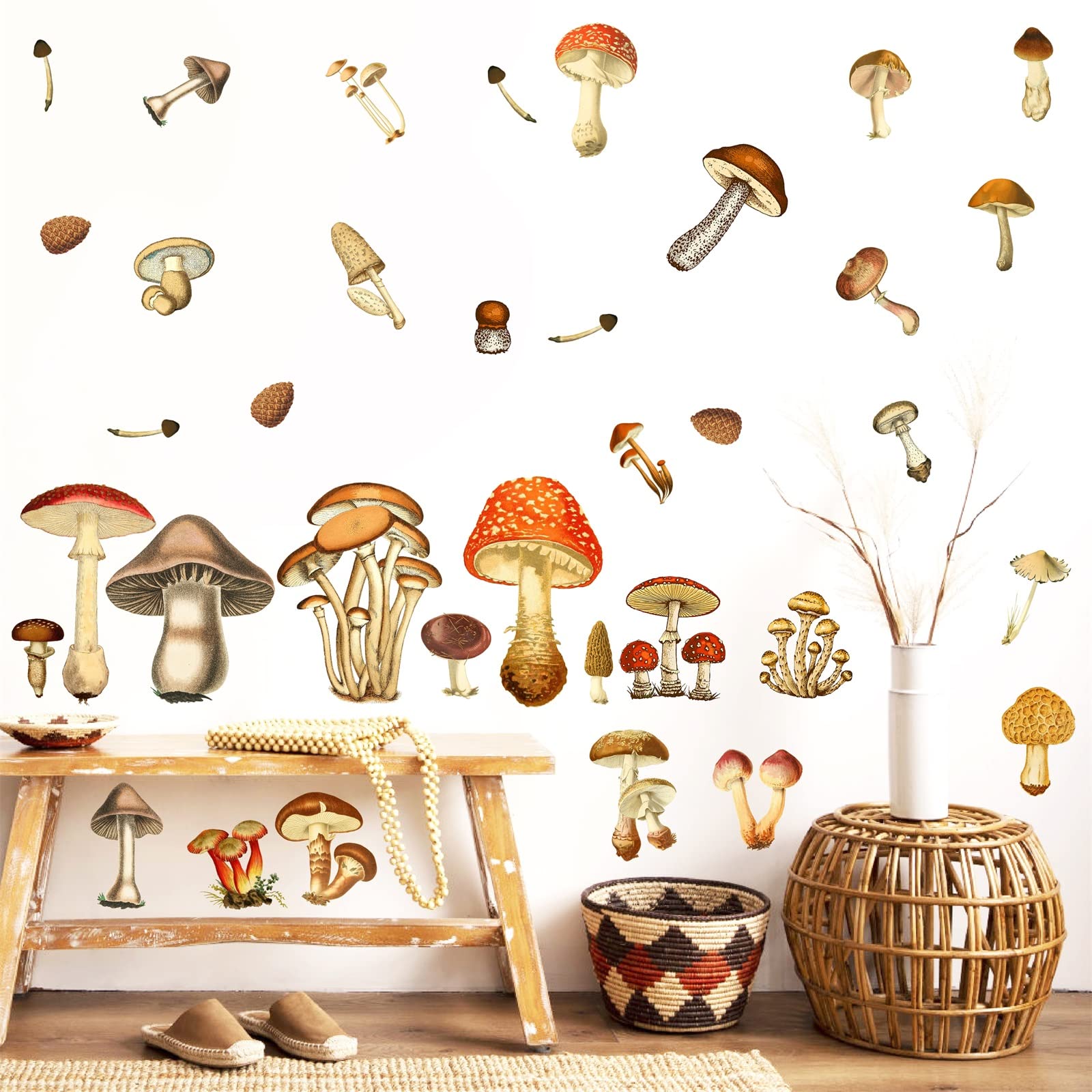 Vintage Mushroom Wall Decals - Peel and Stick Retro Mushroom Stickers, Cute Small Removable Wall Art for Kids Room & Nursery Decor | Perfect for Bedroom, Playroom, Classroom & DIY Home Decoration