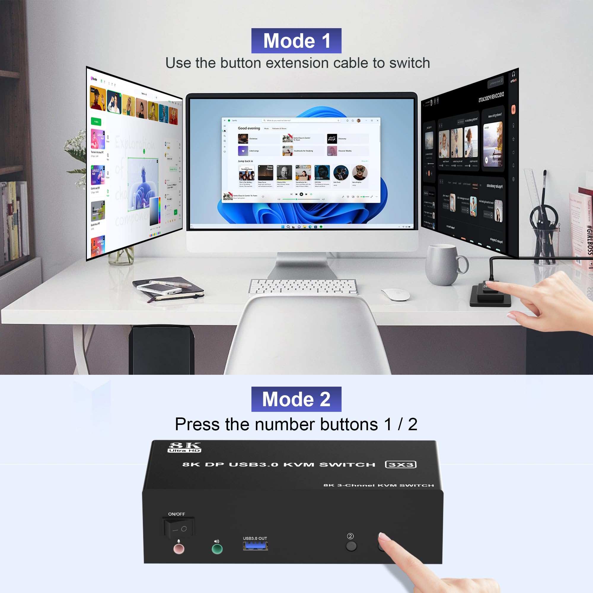 Clickfish 8K DisplayPort KVM Switch with USB 3.0 | Triple Monitor Support for 2 Computers | Manual Push Button Operation | Black | Perfect for Home Office, Gaming Setup & Multi-Device Workstations