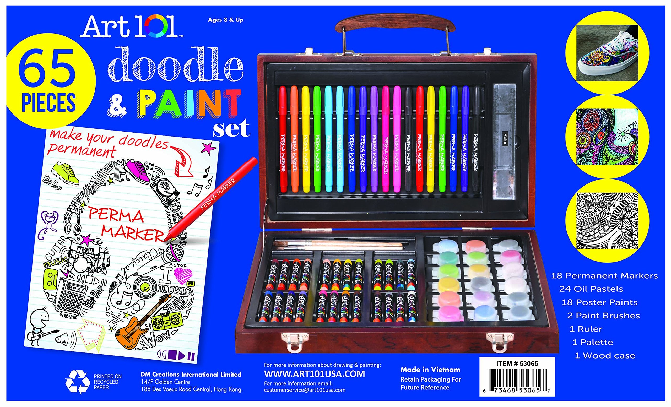 Art 101 Wooden Art Set - 65 Piece Creative Painting Kit for Kids | Perfect for Classroom, Birthday Gifts & DIY Craft Projects