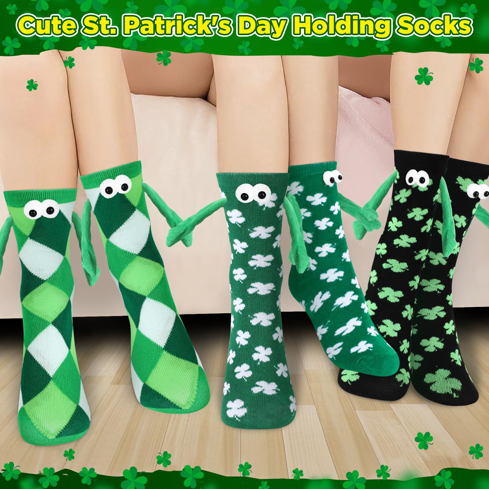 8 Pairs St Patrick's Day Magnetic Couple Socks - Funny Green & Black Holding Hands Novelty Socks for Women, Men, Couples - Perfect for Irish Themed Parties, Gifts for Friends & Romantic Couples on Valentine's Day or Anniversary