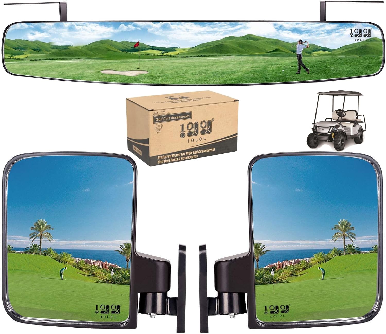10L0L Golf Cart Folding Side Mirror & Panoramic Rear View Mirror Kit for Yamaha, EZGO, Club Car - Universal Fit for Golf Carts, Perfect for Safe Driving on Courses & Neighborhood Streets