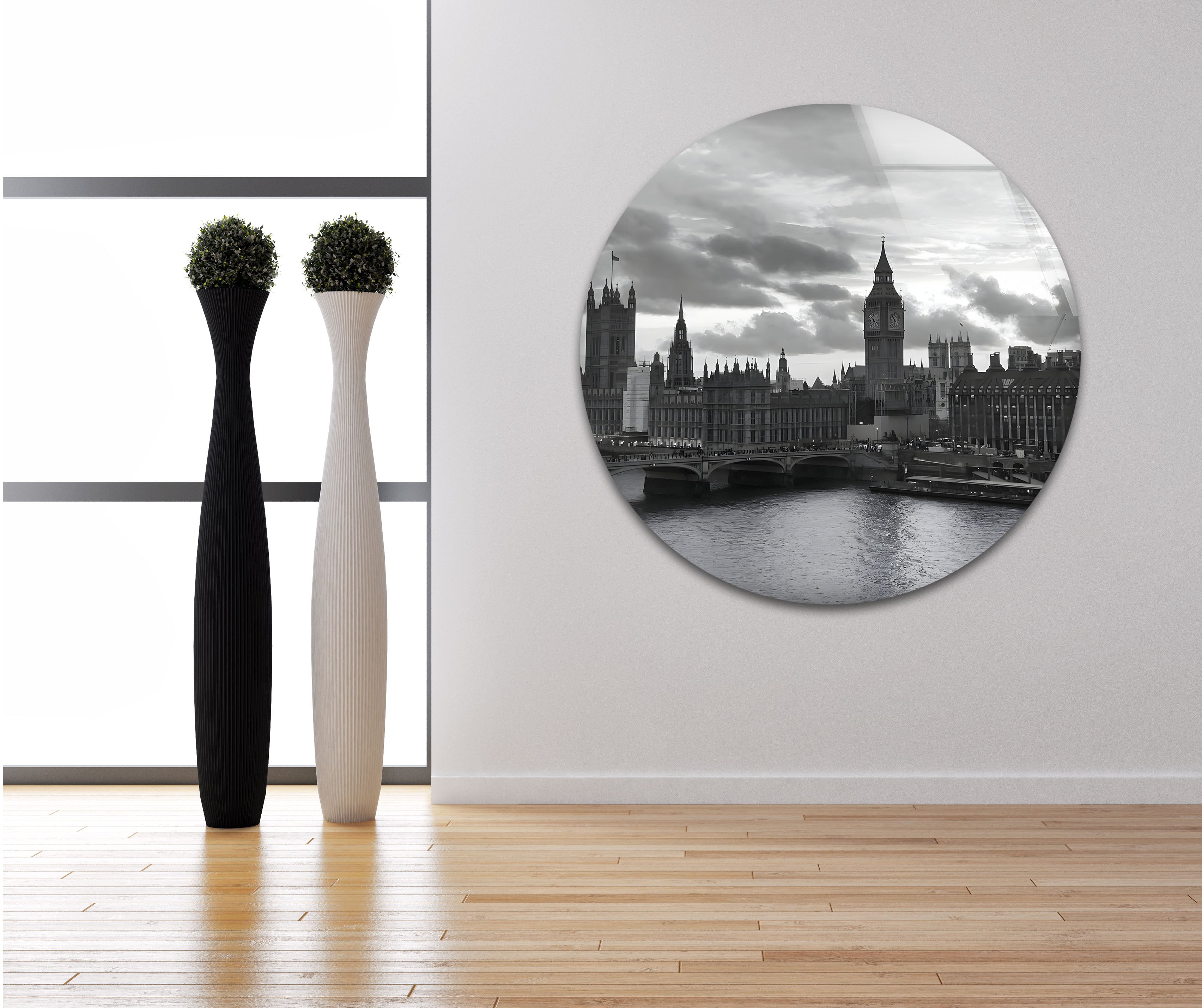 Black and White London Skyline Glass Wall Art - Elegant Cityscape Decor for Living Room, Office & Home