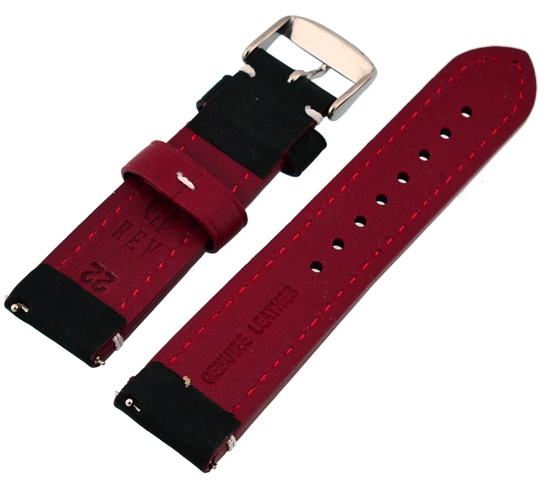 REV Genuine Crazy Horse Dual Color Leather Watch Band Replacement - 20mm, Black/Red Strap for Men & Women | Perfect for Casual, Business & Everyday Wear