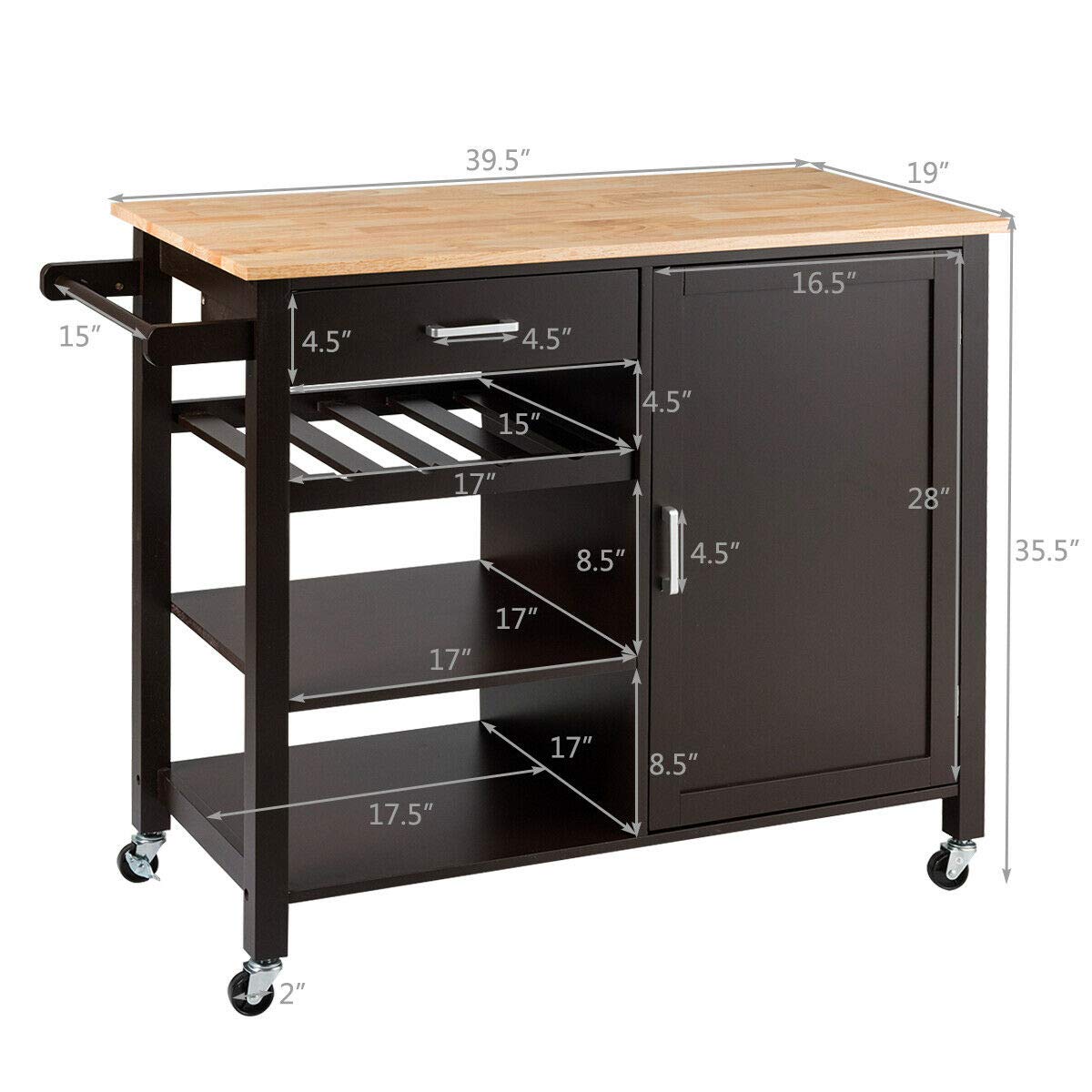 HPW Rolling Kitchen Island Cart with Drawer, Shelves & Wine Rack - Rubber Wood Countertop for Silverware Storage | Organize Utensils, Towels & Kitchen Essentials | Perfect for Small Spaces, Entertaining & Meal Prep