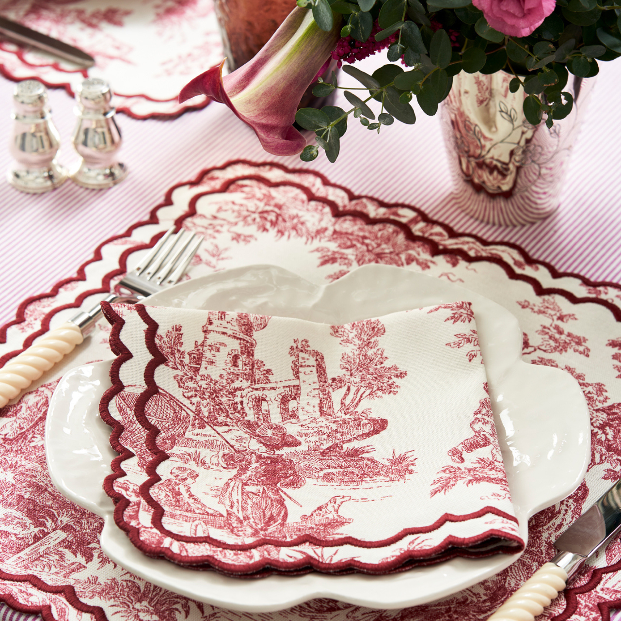 Elegant Burgundy Elise Placemat & Napkin Set for Dining Table - 4-Piece Cotton Table Setting for Formal Dinner, Holiday Entertaining & Home Decor