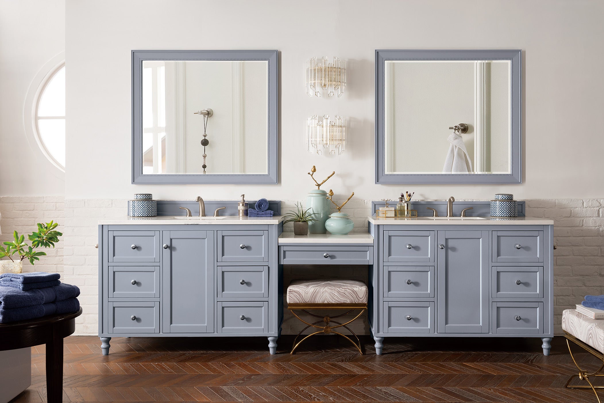 Copper Cove Encore 122 Double Vanity Set with Makeup Table - Silver Gray Finish & 3CM White Zeus Quartz Top | Modern Bathroom Vanity for Master Bath & Guest Bath Remodel