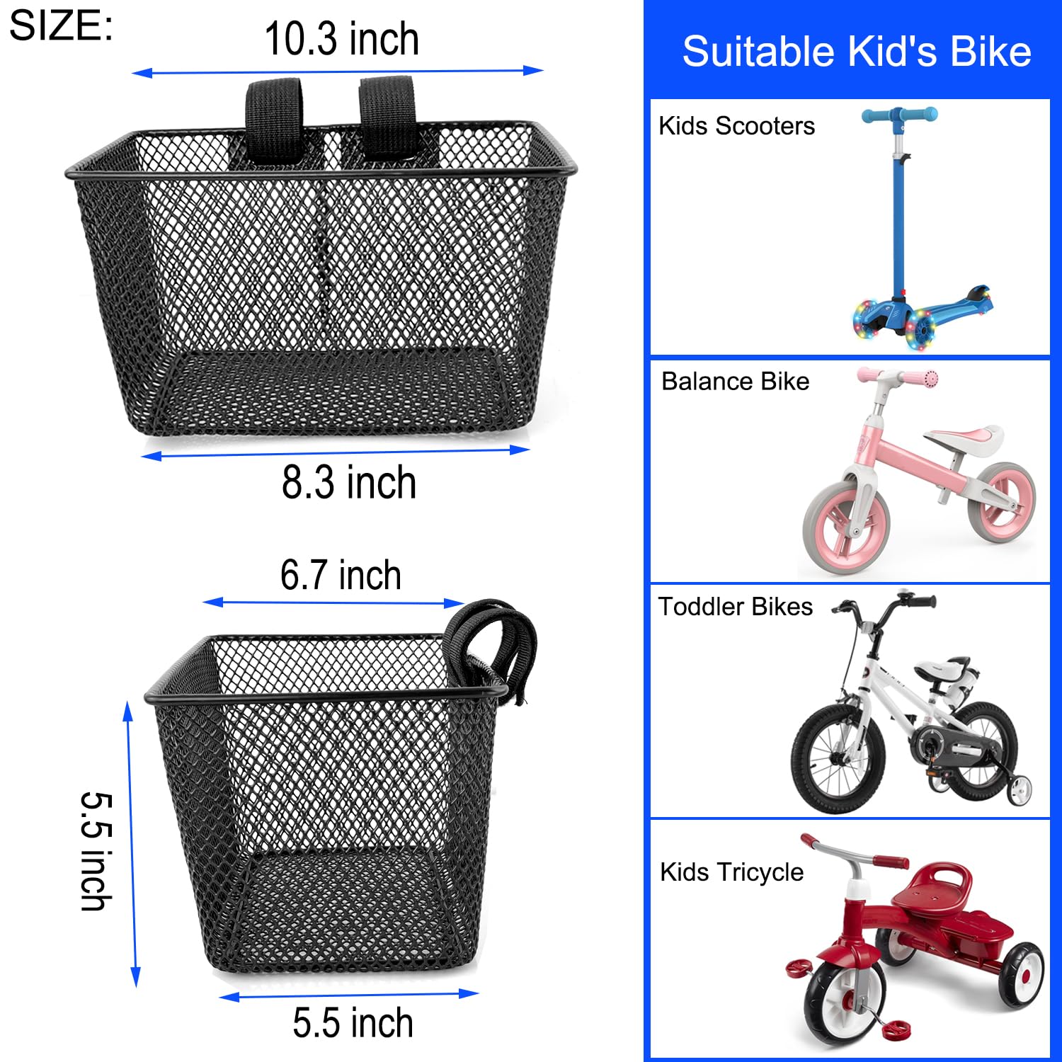 MKUERO Kids Bike Basket - Waterproof Metal Wire Front Bicycle Basket for Boys & Girls - Fits Most Children's Bikes & Tricycles - Perfect for School Commutes, Picnics & Outdoor Adventures