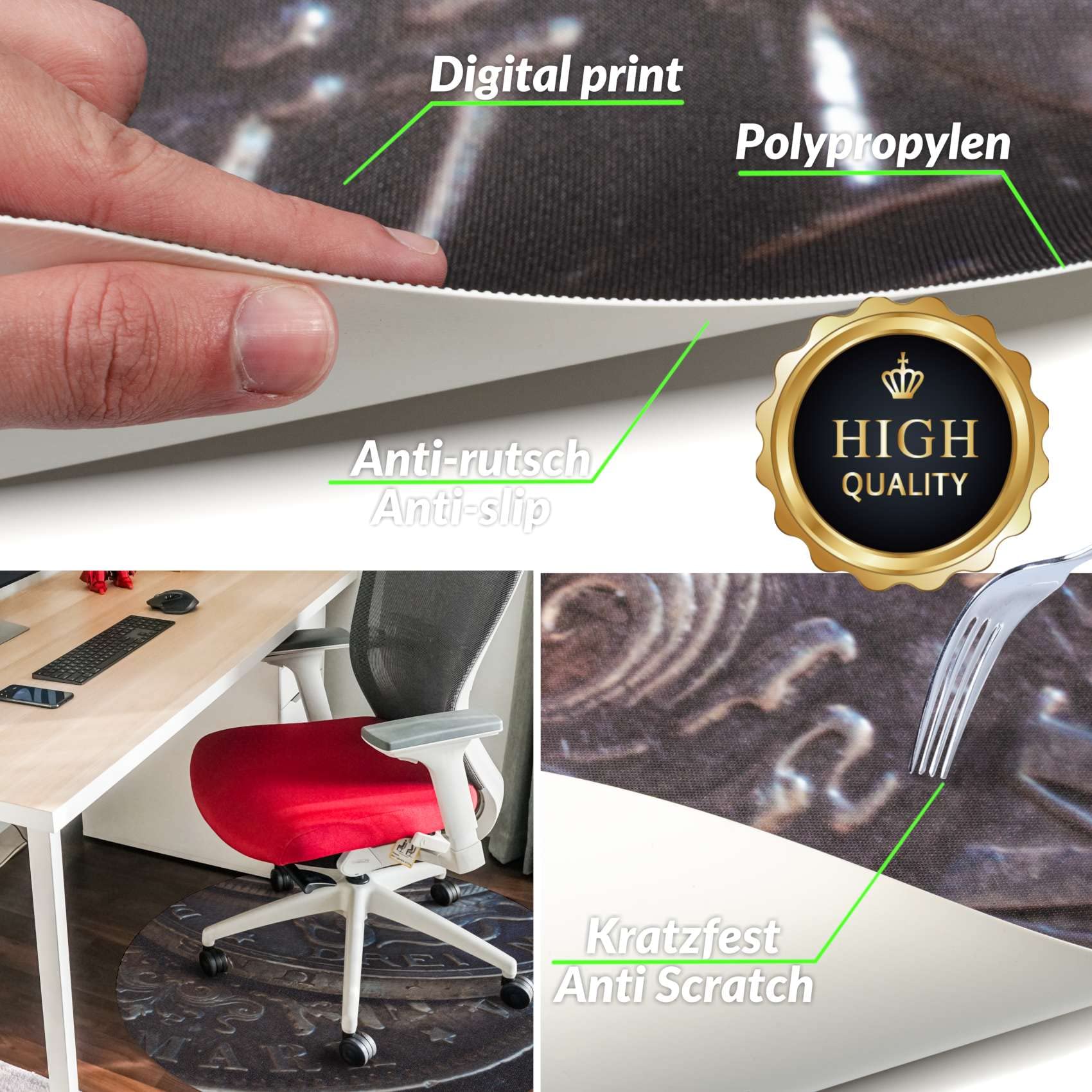 Non-Slip Office Chair Mat with Large Base - Scratch-Resistant Desk Mat for Hardwood Floors & Hard Surfaces - Perfect for Home Office, Gaming Setup & Workspace Protection