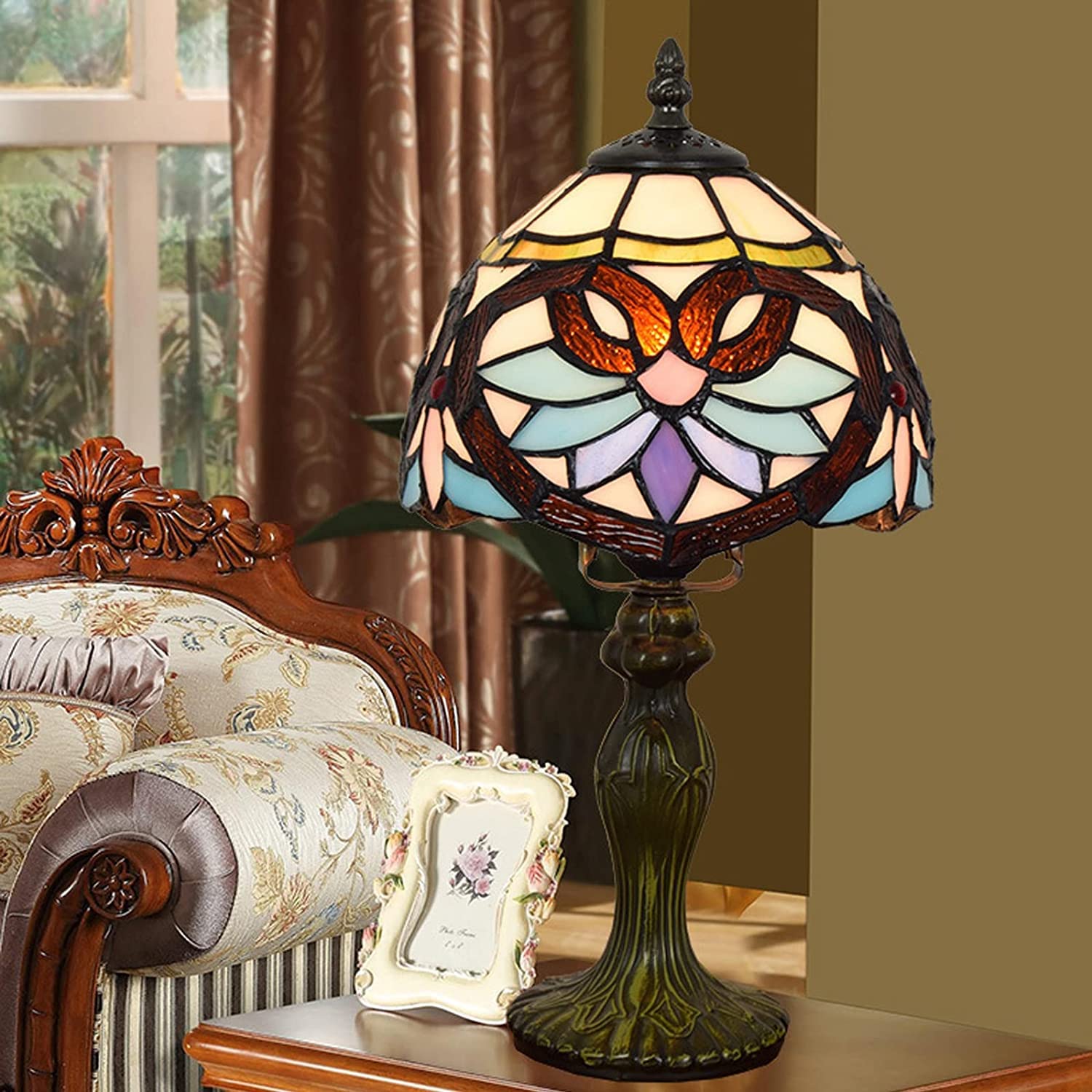 Tiffany Style Stained Glass Table Lamp - 8 Inch Baroque Desk Lamp for Living Room, Bedroom & Study | Elegant Night Light for Lounge, Minimalist Home Decor
