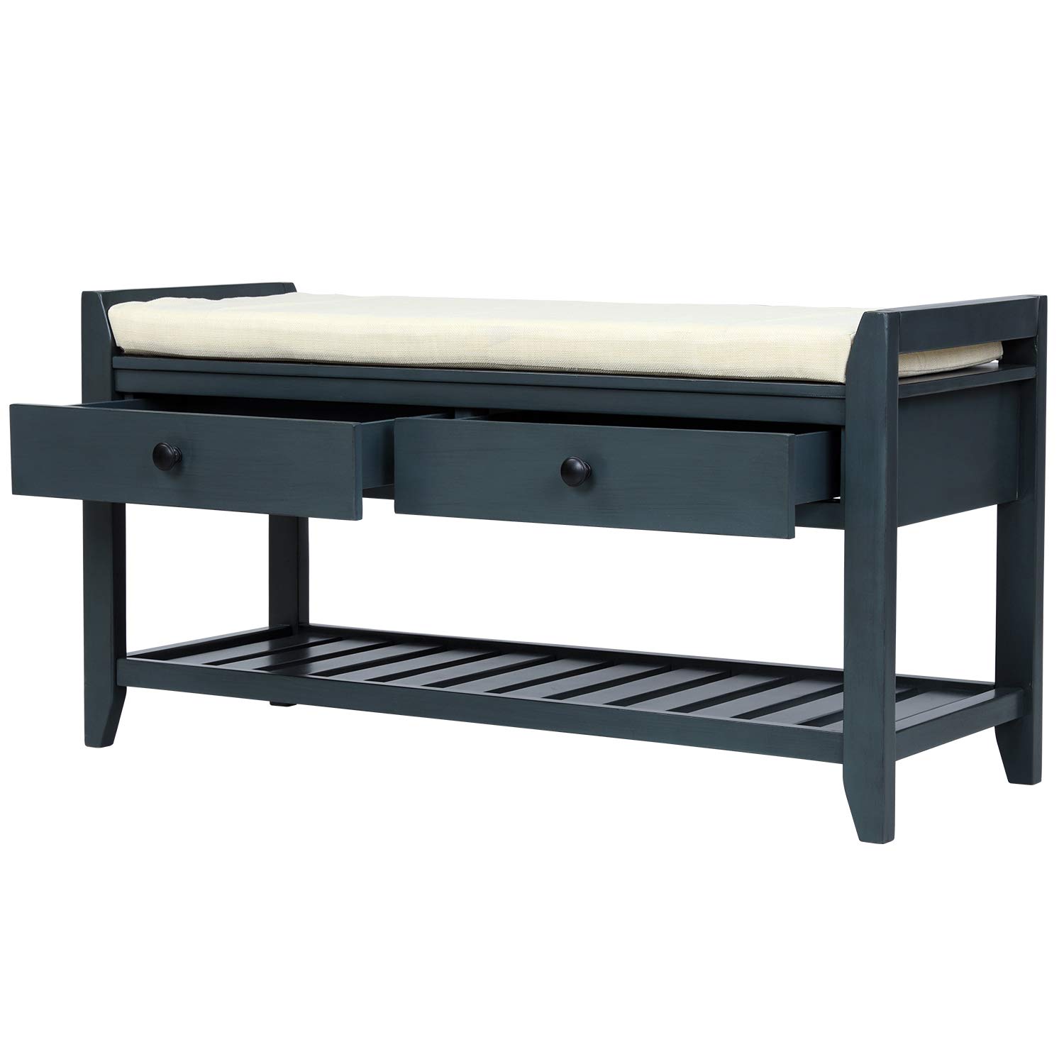 Storage Bench with Cushioned Seat & Drawers - Shoe Rack for Entryway, Bedroom (Antique Navy)