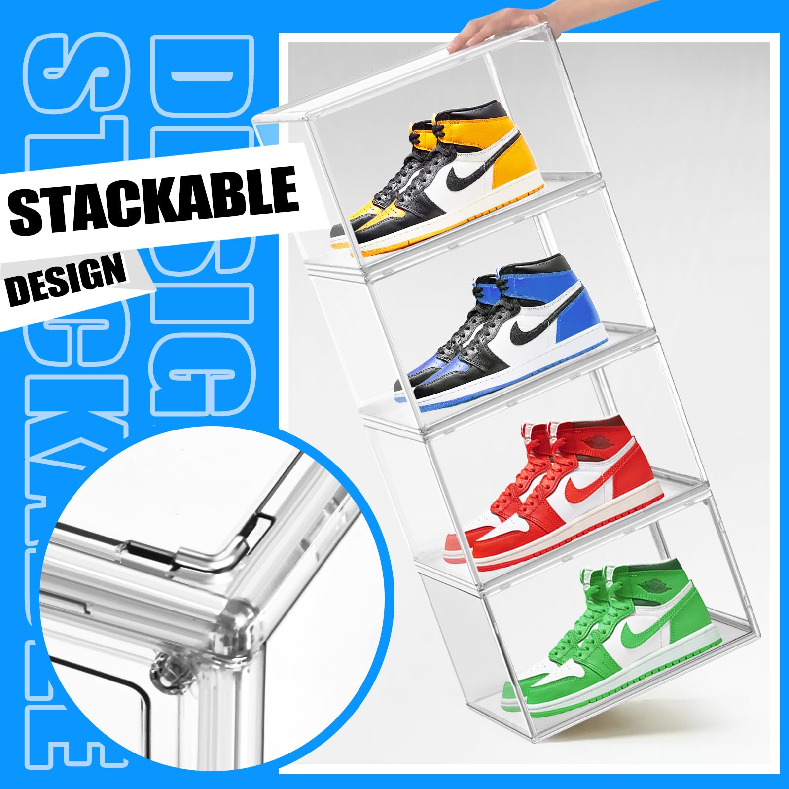 10 Pack Clear Plastic Stackable Shoe Storage Boxes with Magnetic Door - Acrylic Sneaker Display Case for Sneaker Collectors - Perfect for Closet Organization & Sneakerhead Collections