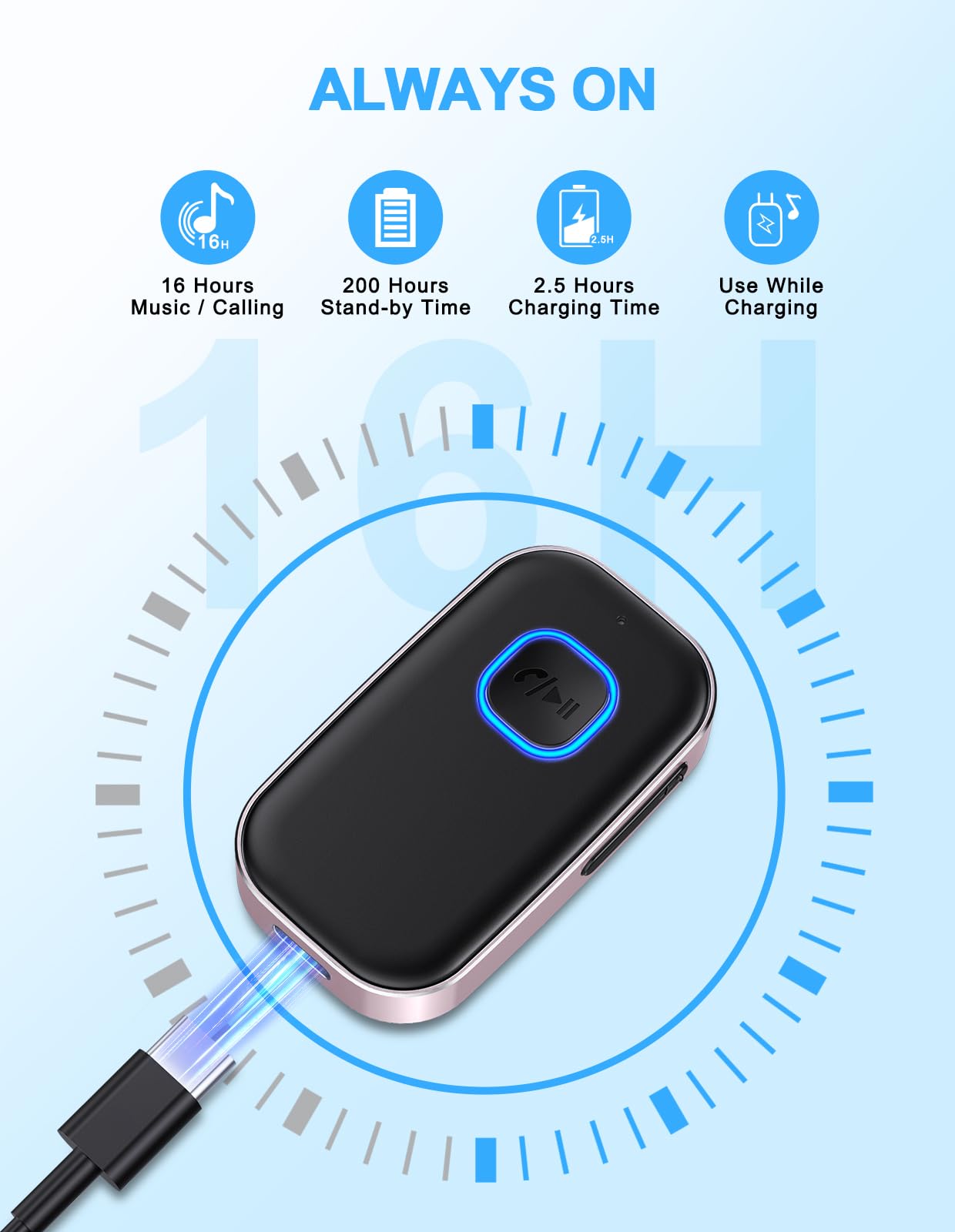 COMSOON Bluetooth AUX Adapter for Car - Wireless Audio Receiver with Noise Reduction, 16H Battery & Dual Connect (Black/Pink) | Hands-Free Calling & Home Stereo Music Streaming for Commuting & Home Entertainment