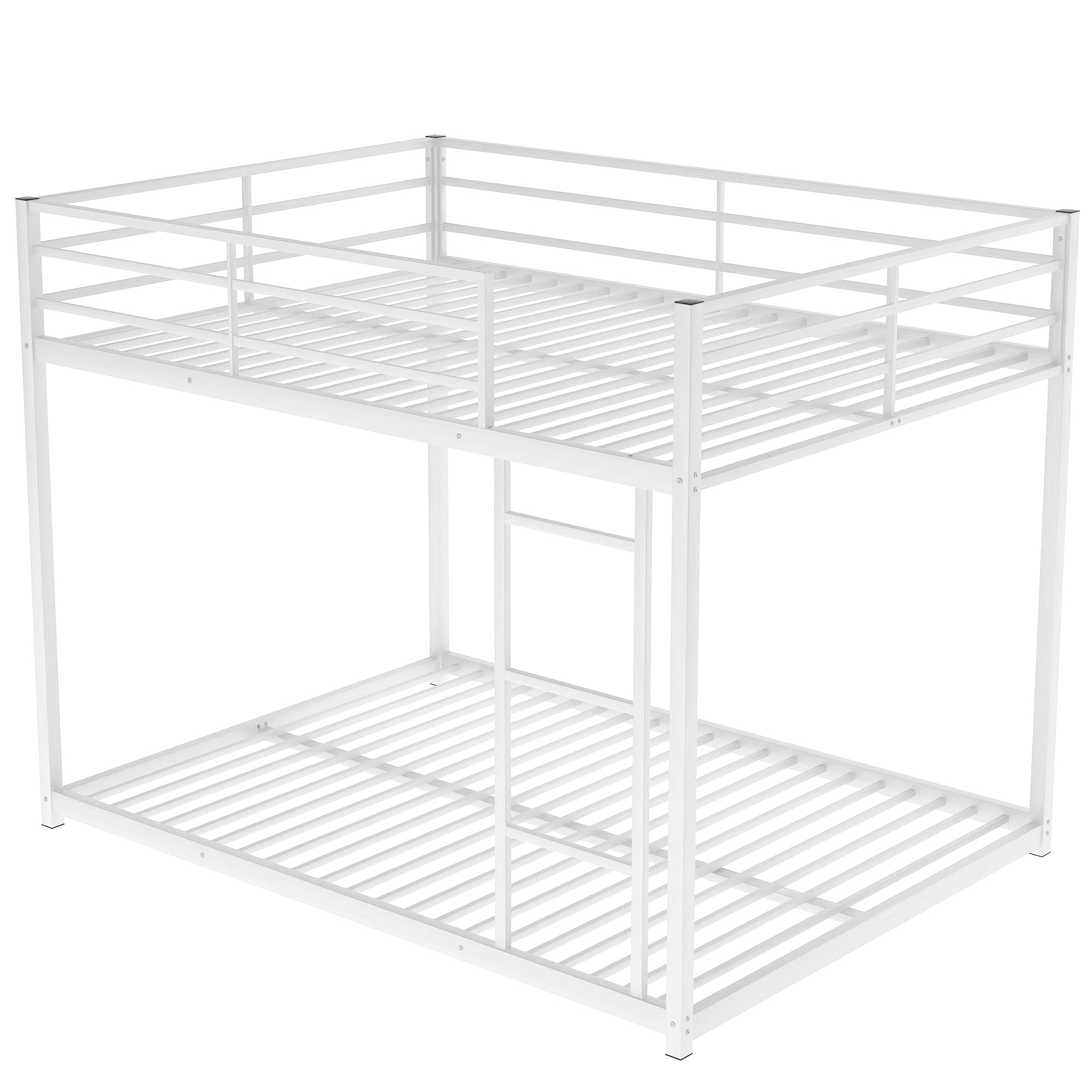 Full Over Full Metal Bunk Bed - Heavy Duty Low Profile Bunk Bed with Safety Guard Rails & Ladder for Kids, Teens & Adults - No Box Spring Required (Full Size, White Finish) - Perfect for Small Bedrooms, Dorms, Guest Rooms & Vacation Homes