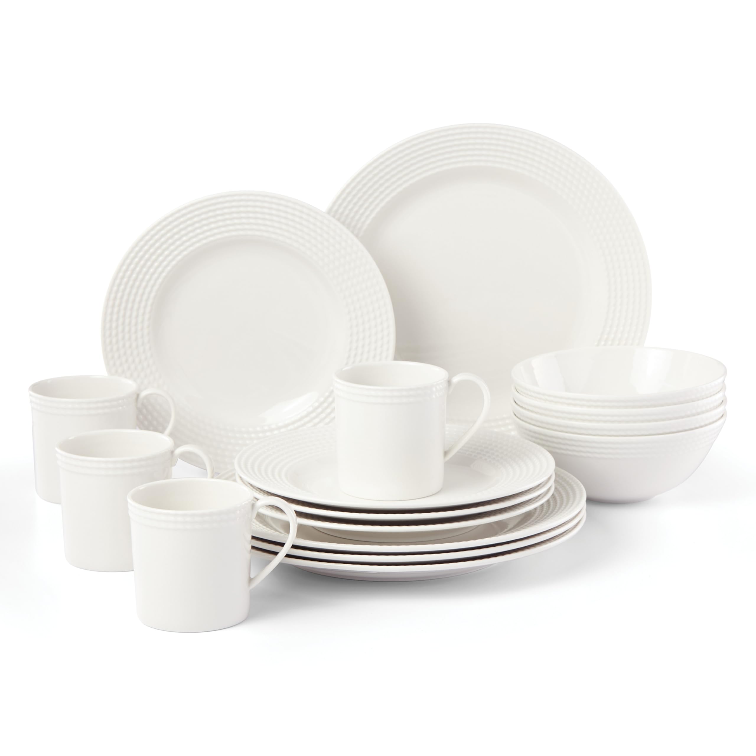 Kate Spade New York Wickford 16-Piece Dinnerware Set - White Porcelain Dinner Plates, Salad Plates, Bowls & Mugs - 15.75 LB Complete Set for Elegant Dining, Entertaining & Gift Giving