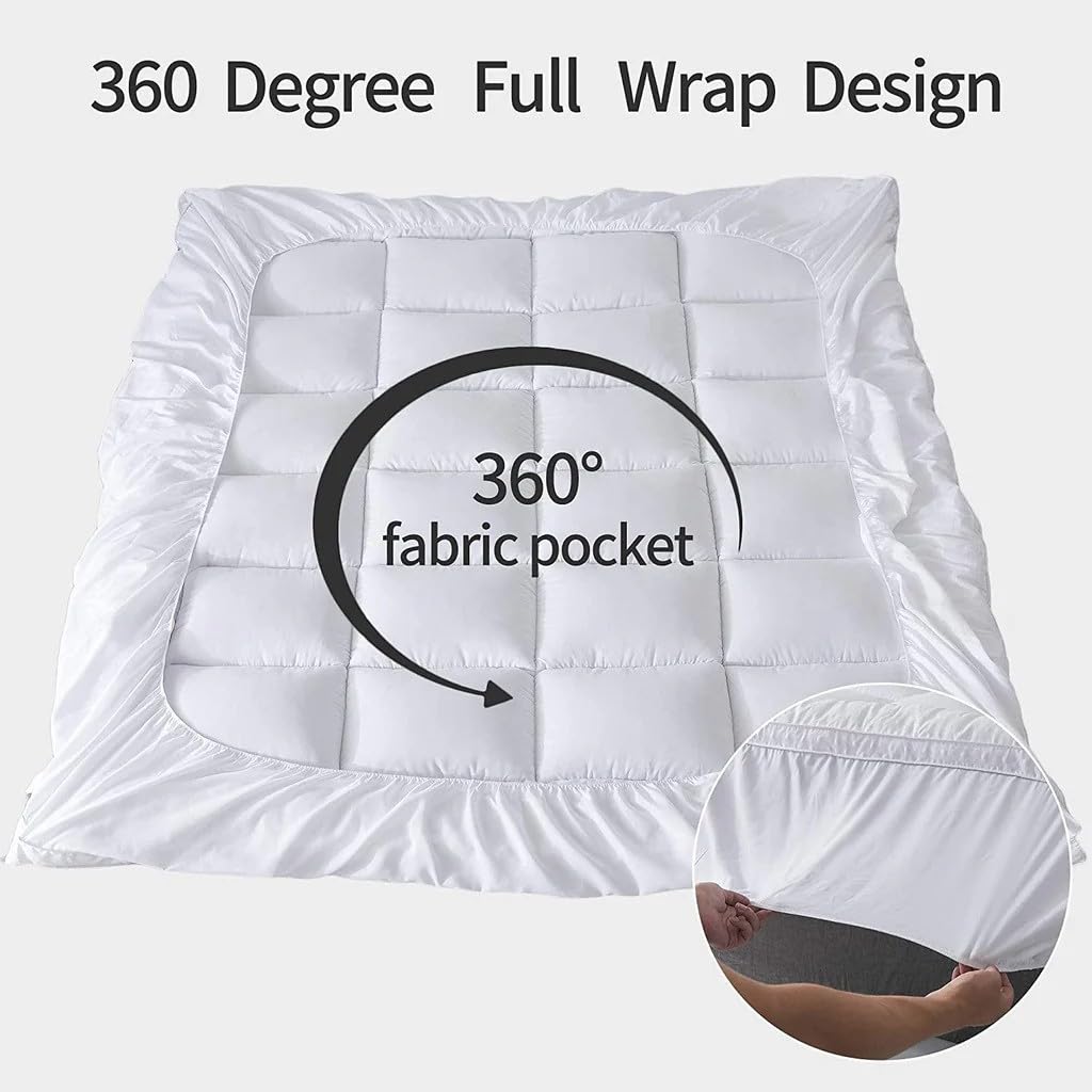 Sleep Mantra 100% Cotton Full Size Mattress Topper - Premium Cooling Wrap-Around Design Fits 20-Inch Mattress | Ultra Soft Breathable Quilted Down Alternative Fill | Perfect for Hot Sleepers & Allergy Relief (White) - Ideal for Guest Beds, Dorm Rooms & Master Bedrooms