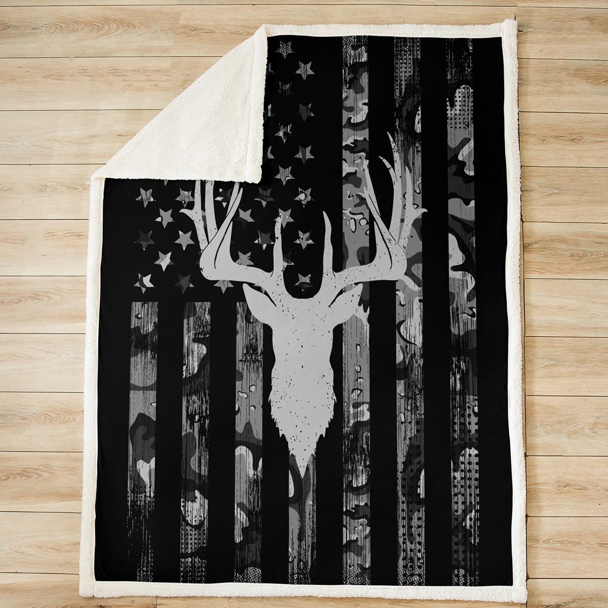 Homewish Kids Camo American Flag Fleece Throw Blanket - Deer Antlers Silhouette Design for Boys, Girls & Adults - 40 x 50 Inches - Cozy Sofa Decor, Christmas Gift & Rustic Bed Blanket - Perfect for Camping, Movie Nights & Winter Warmth
