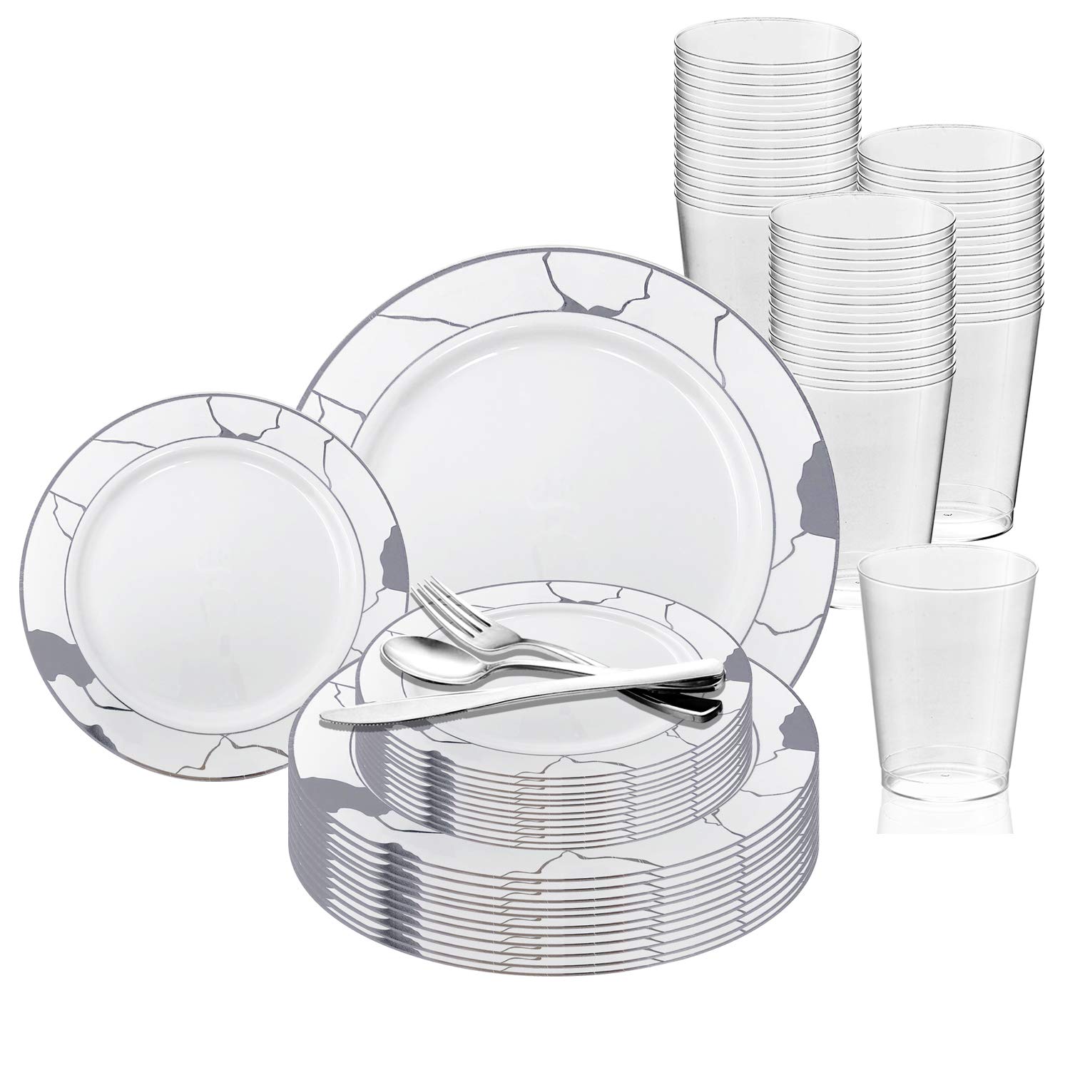 Elegant Disposable Plastic Dinnerware Set for 120 Guests - Premium White with Silver Marble Rim Plates, Salad/Dessert Plates, Silverware & Cups | Perfect for Weddings, Birthday Parties, Catering Events & Special Occasions | Durable & Stylish Tableware for Hassle-Free Entertaining