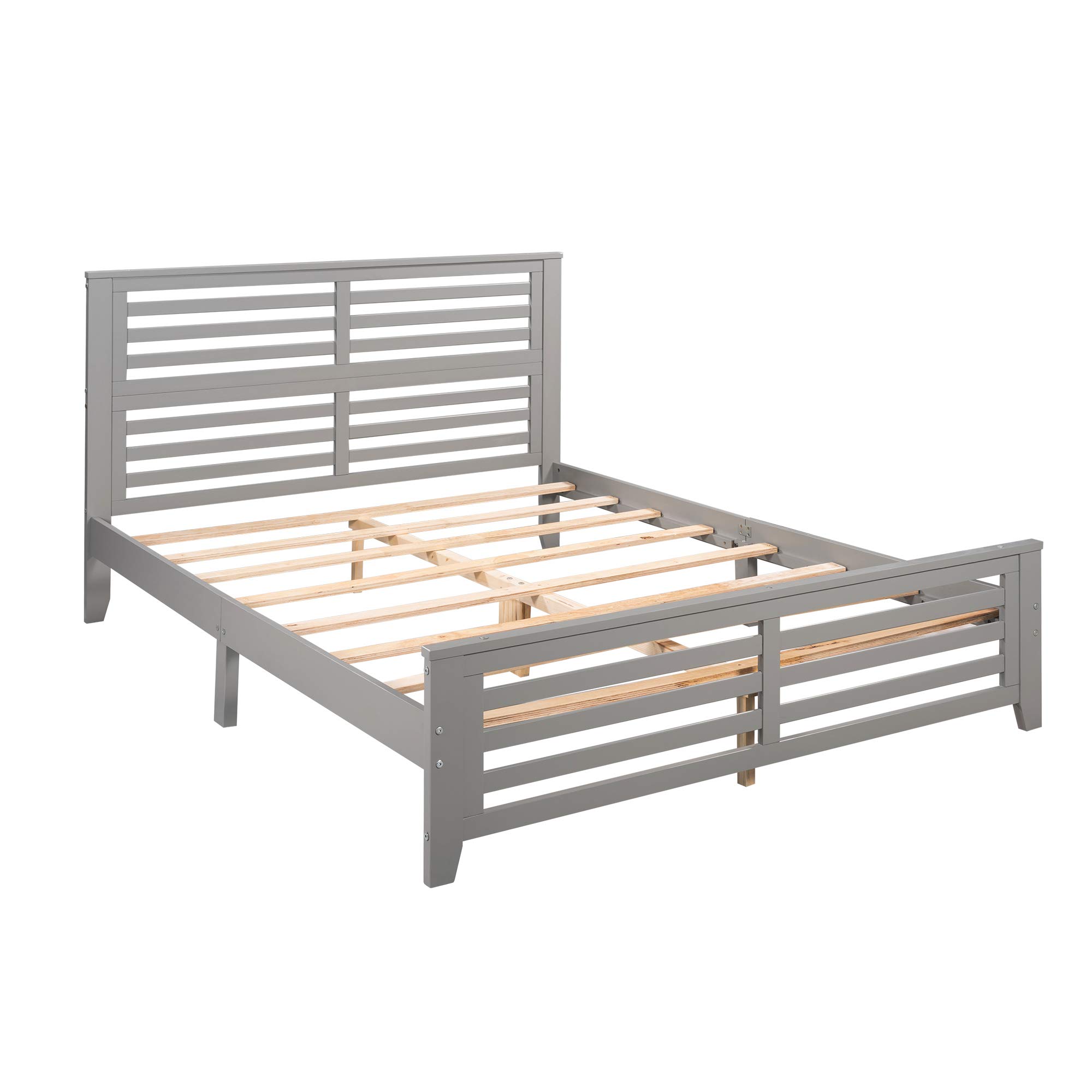 KLMM Solid Wood Platform Bed Frame with Headboard & Footboard - Queen Size, Gray - Heavy Duty Center Support & Wood Slats for Mattress - Easy Assembly for Bedroom, Guest Room, Dorm