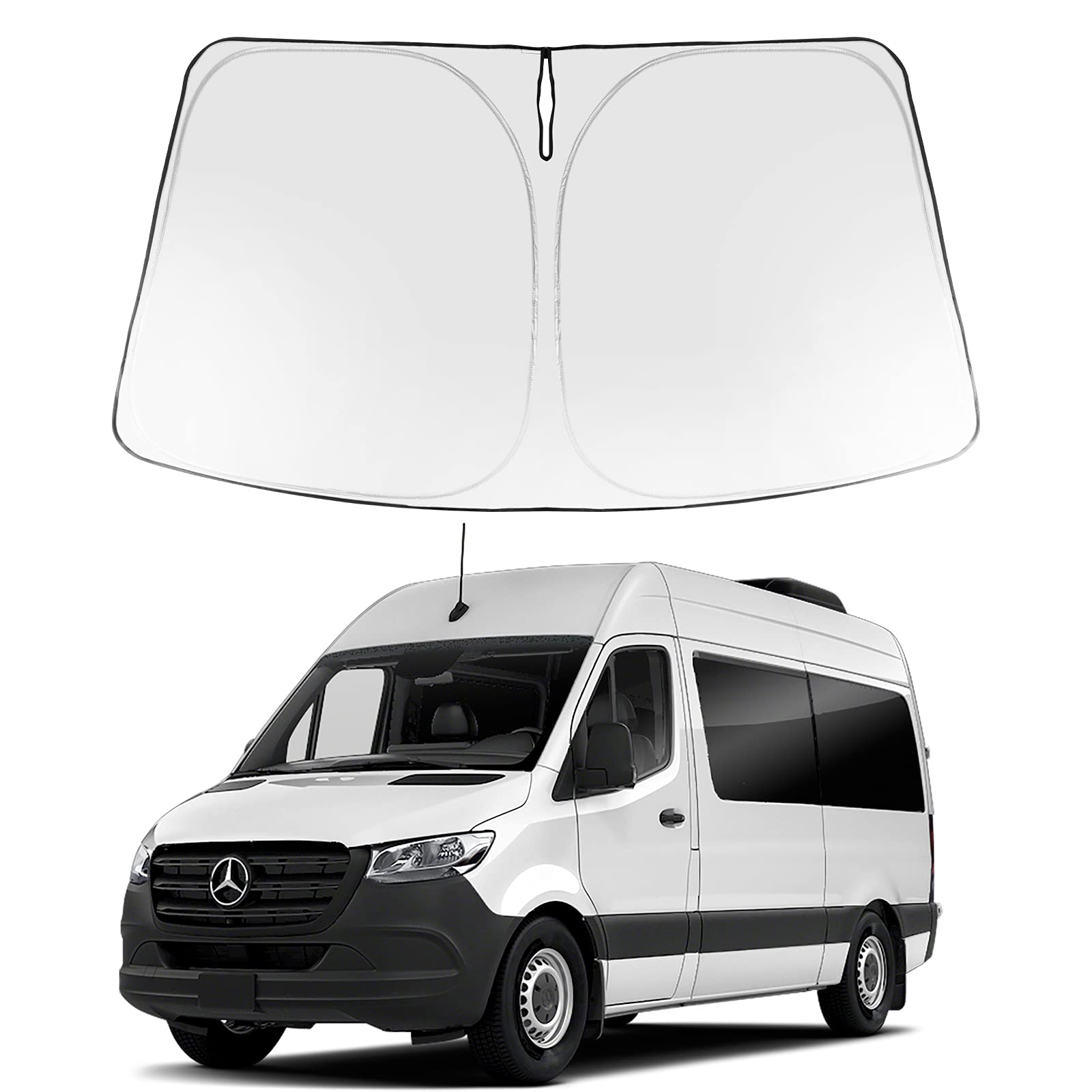 Custom Fit Front Windshield Sun Shade for 2007-2025 Sprinter & Freightliner | Foldable UV Protector for Cargo, Crew & Passenger Vans | Motorhome Accessories | Perfect for Road Trips & Summer Parking