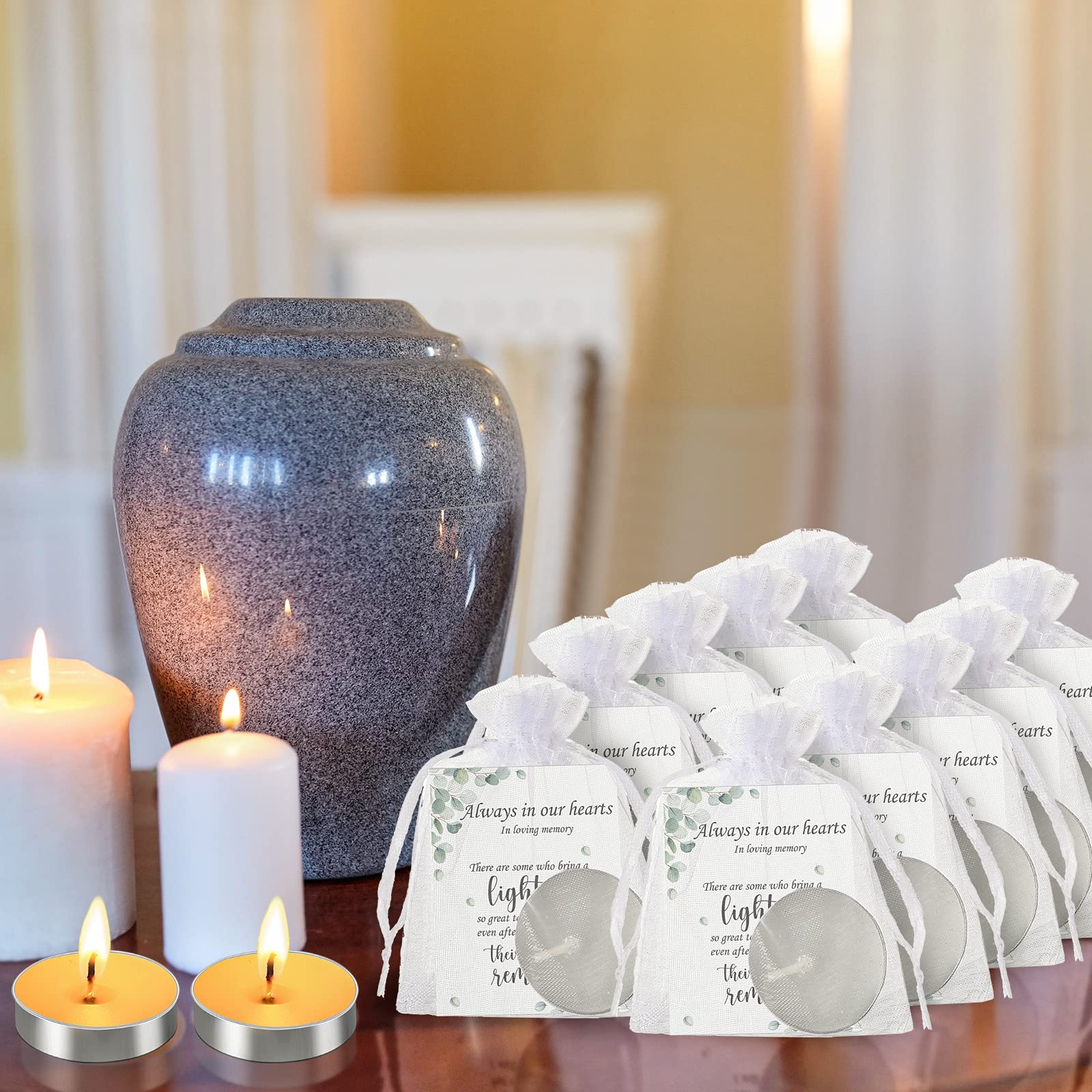 50-Pack Memorial White Unscented Tealight Candles with Condolence Cards & Organza Bags - Funeral Party Favors, Sympathy Gifts for Celebration of Life, Memorial Services & Home Decor
