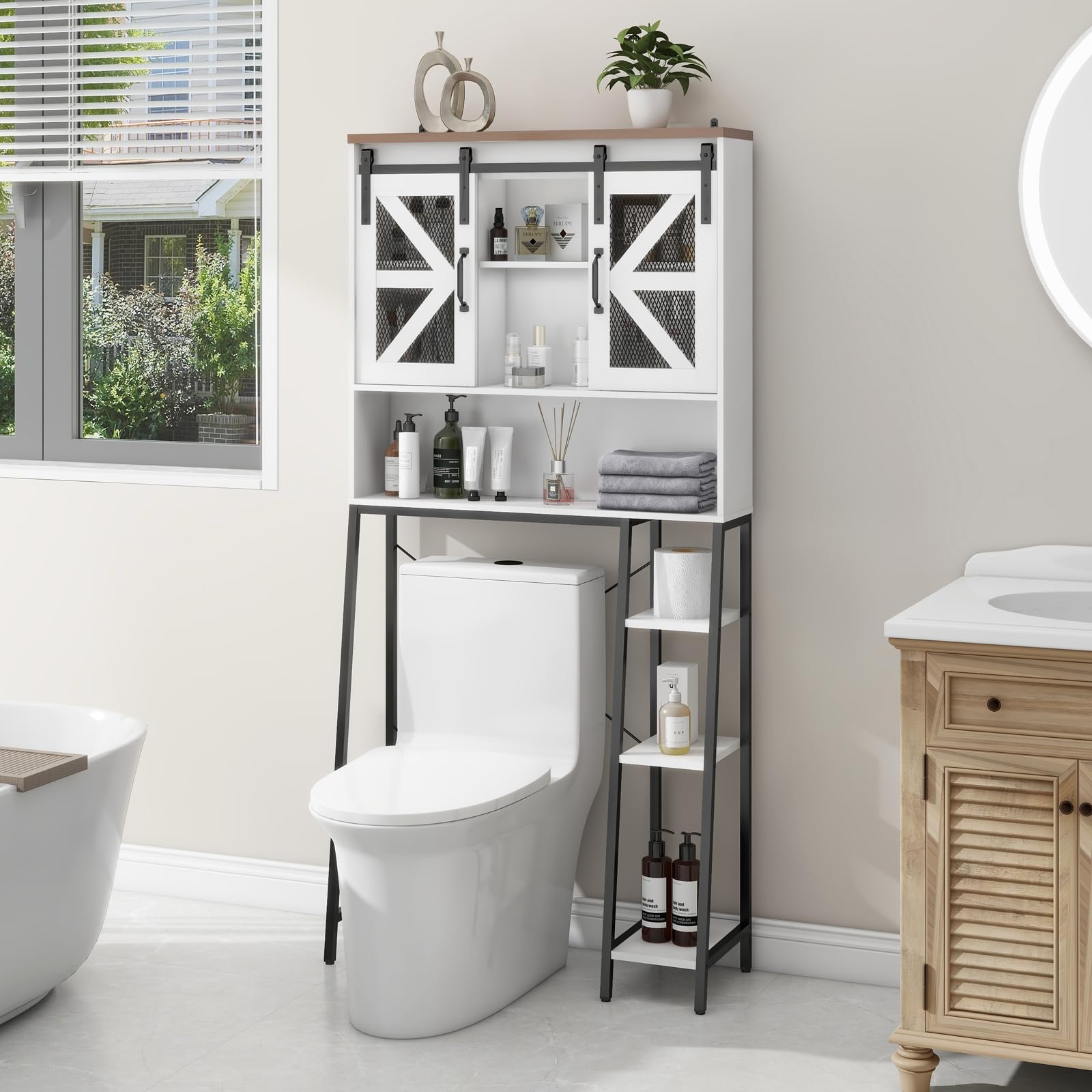 Farmhouse Over The Toilet Storage Cabinet with Sliding Barn Door - Space Saving Bathroom Organizer for Toiletries, Towels & Laundry - Perfect for Small Bathrooms, Restrooms & Powder Rooms