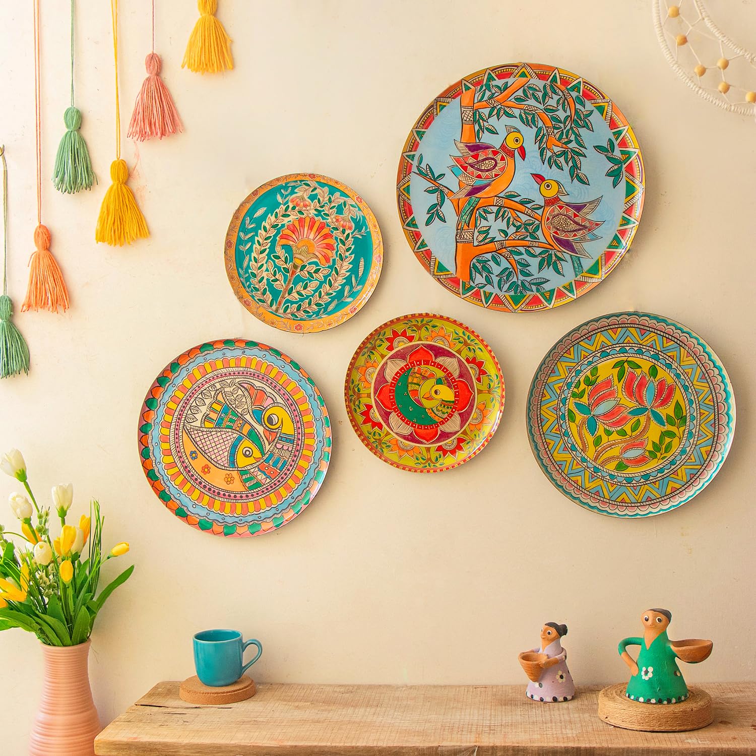 Handcrafted Madhubani Iron Wall Art Plates Set of 5 - Traditional Indian Metal Wall Decor for Living Room & Bedroom - Unique Home Decor Accent for Boho, Ethnic & Spiritual Interiors