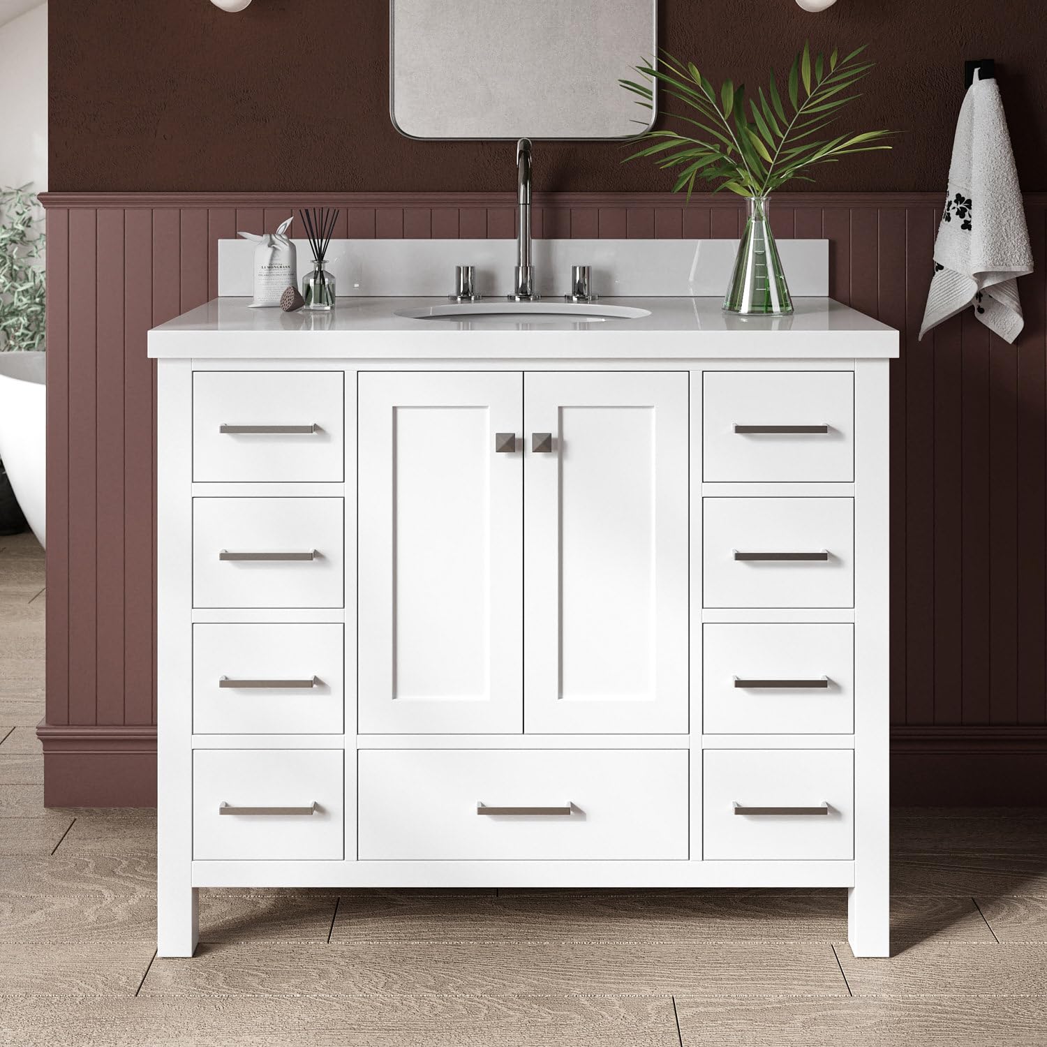 ARIEL Cambridge 43 Inch White Bathroom Vanity with Sink - Solid Wood Cabinet, Quartz Countertop & Oval Undermount Sink - 2 Soft-Closing Doors & 9 Drawers - Perfect for Modern Bathrooms, Master Bath Suites & Powder Rooms