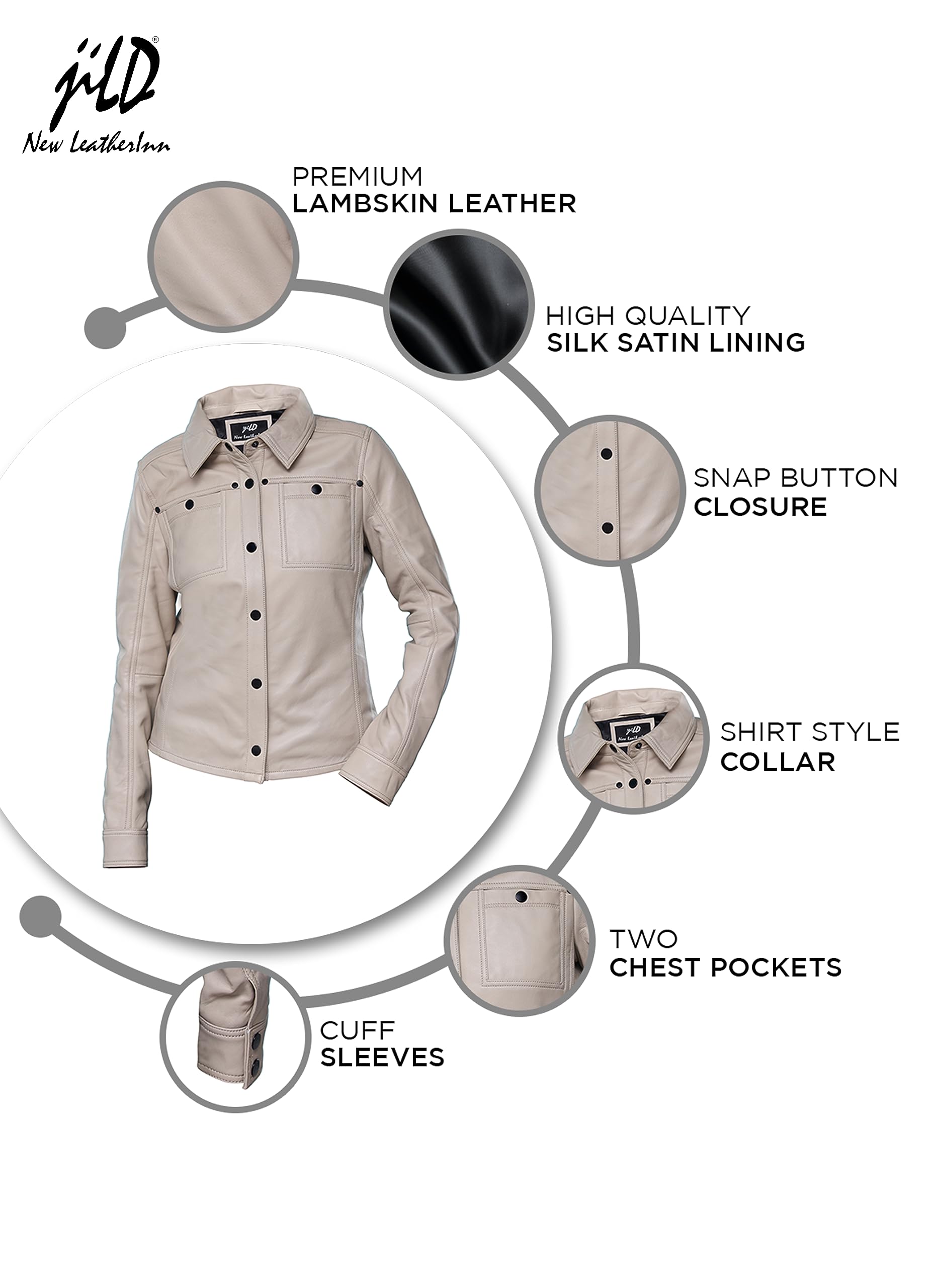 Jild Women's Button Front Lambskin Leather Jacket Shacket - Long Sleeve Casual Shirt Jacket with Bust Pocket | Stylish Outerwear for Fall & Winter | Perfect for Office, Dating & Weekend Outings