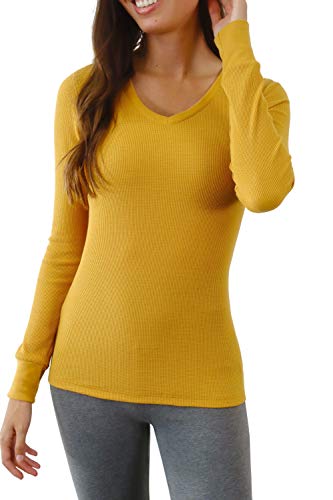 Pure Look Women's Long Sleeve Waffle Knit Stretch Cotton Thermal Underwear Shirt - Warm Base Layer for Winter, Layering & Outdoor Activities