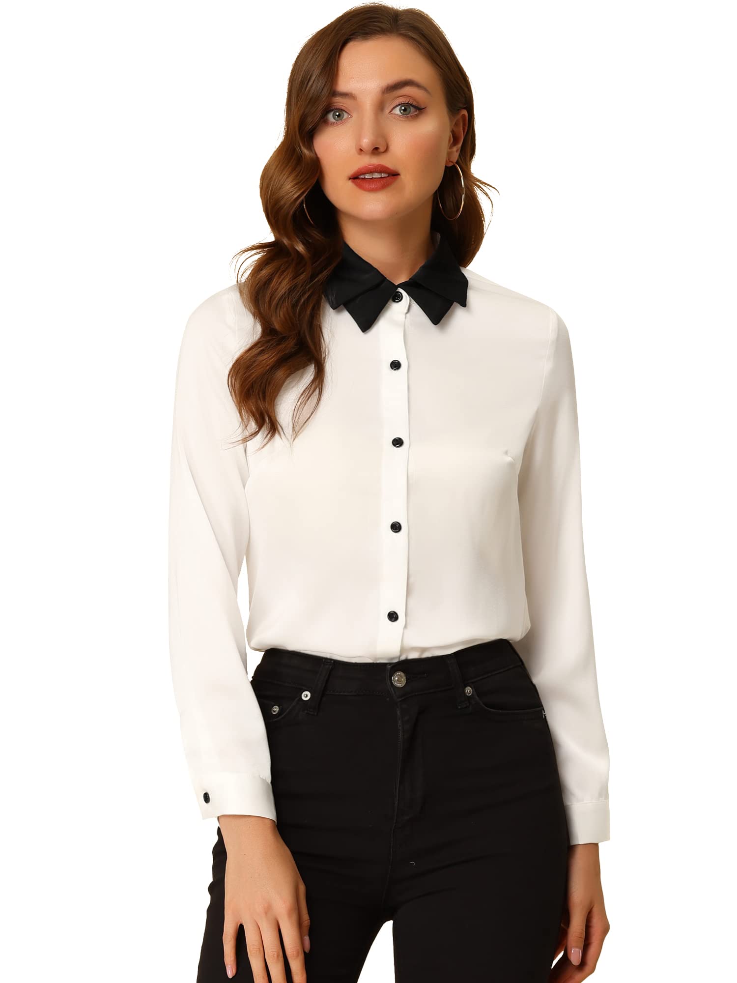 Allegra K Women's Long Sleeve Satin Button Down Shirt with Contrast Collar - Professional Work Tops for Office, Business Meetings & Formal Occasions