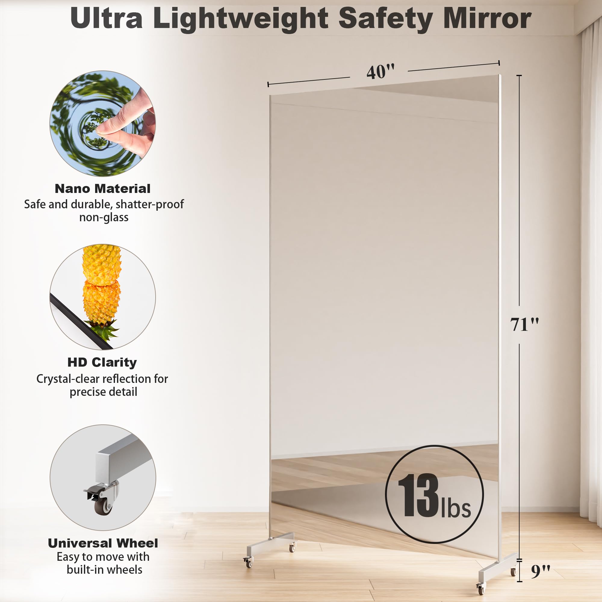 Brisafe 71'' x 40'' Ultra Clear Nano Safety Mirror – Shatterproof Full-Length Floor Mirror with Wheels for Home Gym, Dance Studio & Yoga (13LBS, Black) – Perfect for Fitness Training, Dance Practice and Yoga Sessions