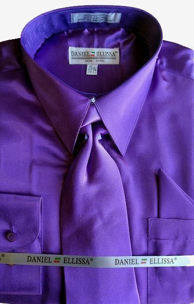 Elegant Purple Satin Dress Shirt Set with Matching Tie & Pocket Square - Perfect for Weddings, Prom & Formal Business Events
